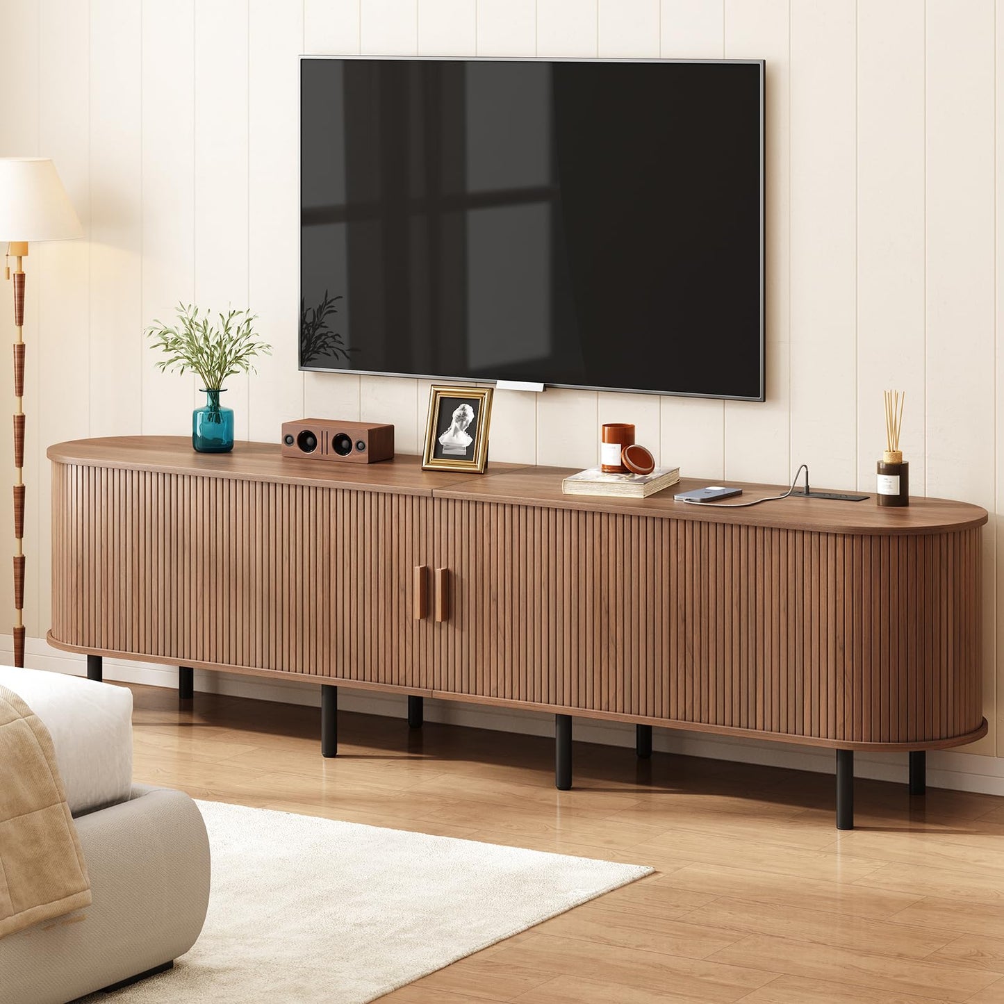 ONBRILL 86.6" TV Stand with Power Outlet for TVs up to 90 Inch, Entertainment Center with Storage and Adjustable Shelves, Modern Media Console with Sliding Doors for Living Room, Walnut