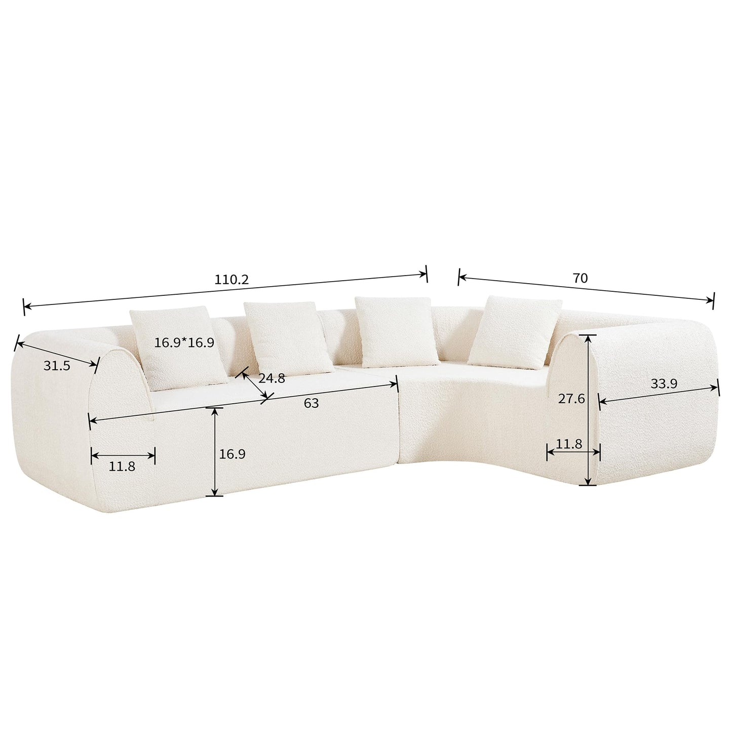 Christopher Knight Home Reiss 110" Curved Modular Sectional Sofa, Comfy Sofa Couch with Chaise Lounge, Modern Cloud Couch with Deep Seat, Fabric Upholstered Set for Living Room Bedroom, White