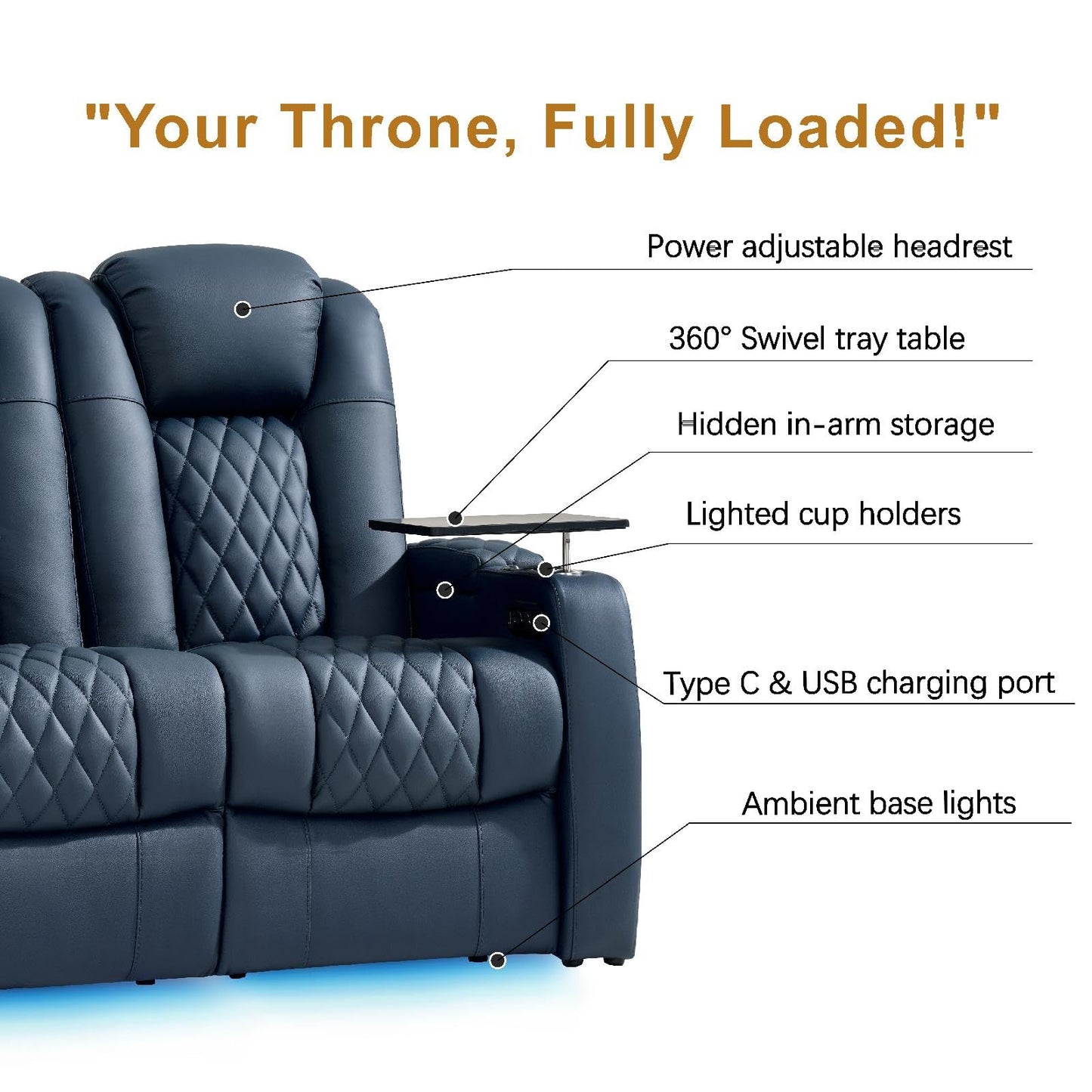 comfiroom Home Theater Seating Classic Series Top Grain Leather Loveseat Recliner Chair Dual Power Movie Theater Chairs Gaming Sofa Electric Headrest with Tray Table (Blue, Row of 4 Loveseat Right)