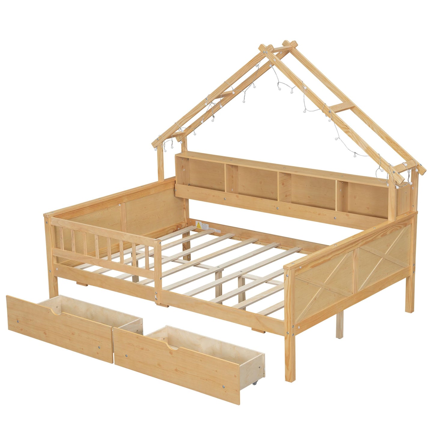 Merax Full Size House Platform Bed with LED Lights, Storage Shelves & Drawers - Bed with Guardrail, Sturdy Pine Wood & MDF Frame, Natural
