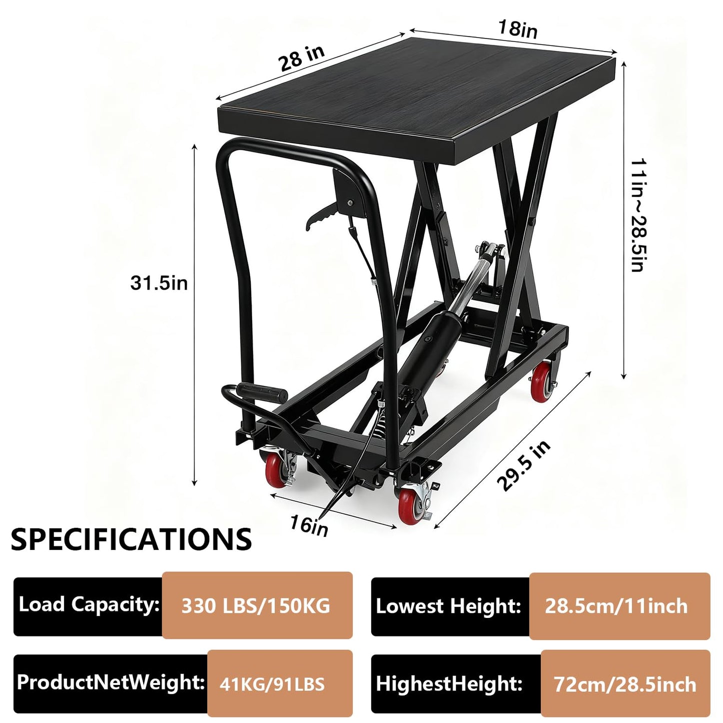 Hydraulic Lift Table Cart, 330Lbs Capacity 28.5" Lifting Height, Single Scissor Lift Table with Non-Slip Pad & Safety Guard for Material Handling & Transportation