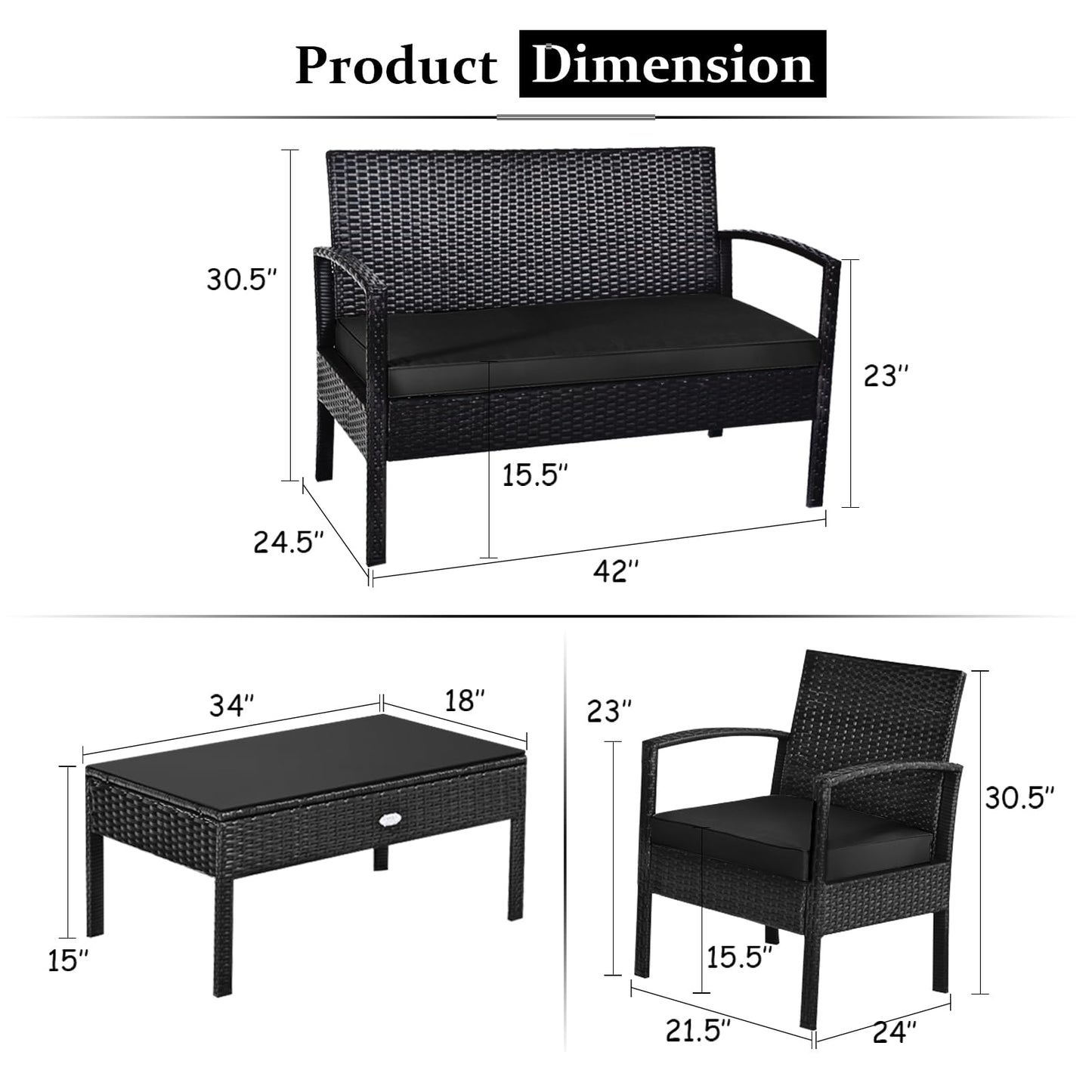 Tangkula 4 Pieces Wicker Patio Conversation Furniture Set, Outdoor Rattan Chair and Table Set, Patio Furniture Sets with Coffee Table & Washable Cushions for Courtyard Balcony Garden
