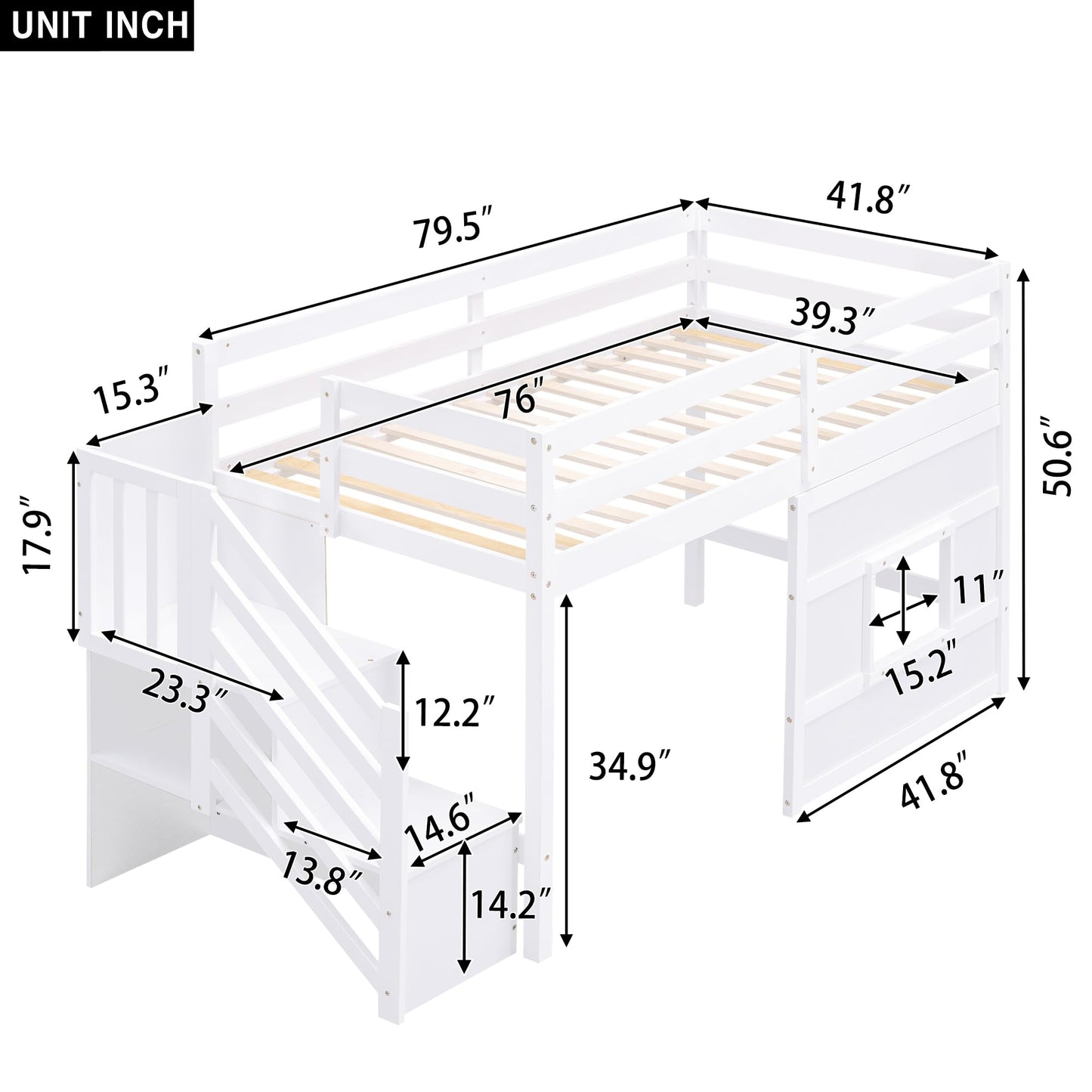 Merax Twin Size Loft Bed with Storage Staircase, Solid Wood Loft Bed Frame with LED Light and Safety Guardrail, Under-Bed Play Space, Playhouse Beds for Kids, Boys, Girls,White