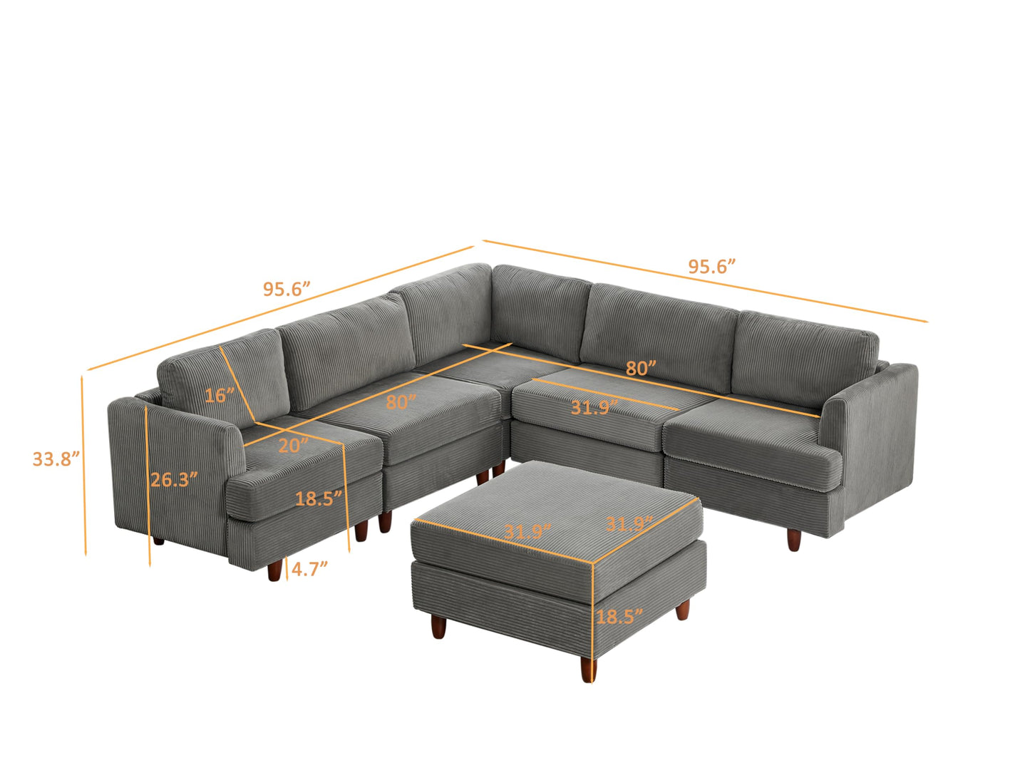 ERYE 95.6-Inch L-Shaped Symmetrical Sectional Sofa Oversized Modular Couch with Ottoman, U-Shaped Corduroy Corner Sofa Couch Convertible Sleeper Bed for Home Apartment