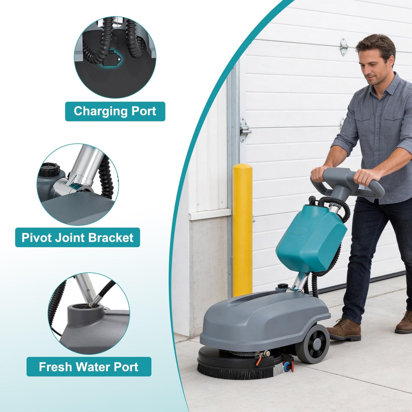 KARHDIR Walk Behind Commercial Floor Scrubber Machine, Battery Powered Cordless Compact Scrubber 15" Cleaning and 23" Suction Width, 6 Gal Sewage and 5 Gal Water Tank, 24000 Sq Ft/h