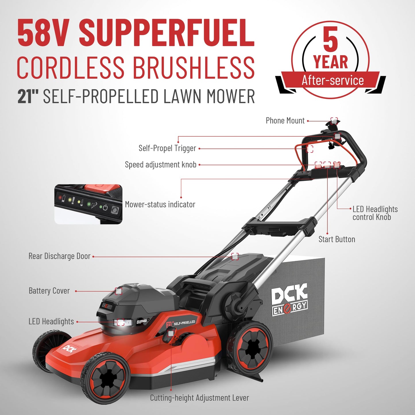 DCK 58V 21" Self-Propelled Lawn Mower 3-in-1 (Mowing/Collecting/Mulching), 7 Cut Heights, Foldable, LED Light, Upgraded Brushless Motor, 6.0Ah Battery & Charger