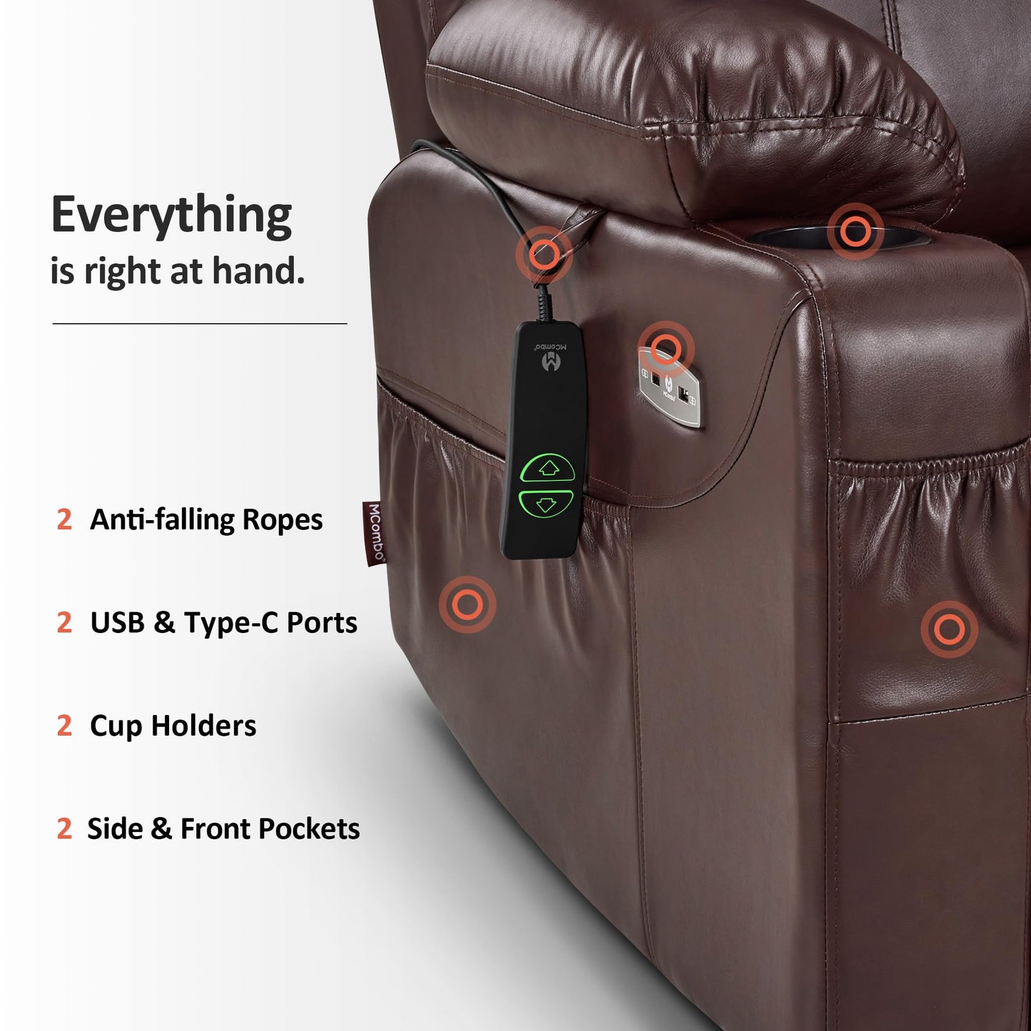 MCombo Electric Power Lift Recliner Chair Sofa with Massage and Heat for Elderly, 3 Positions, 2 Side Pockets, and Cup Holders, USB Ports, Faux Leather 7040 (Dark Brown, Medium)