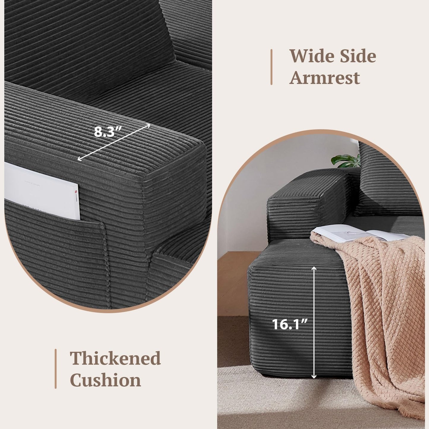 Yafylly 96.9 Inch Boneless L-Shaped Sectional Sofa, No Assembly Compressed Modular Couch with Memory Foam Deep Seat, Throw Pillow & Side Pockets for Living Room, Bedroom, Apartment, Grey Left