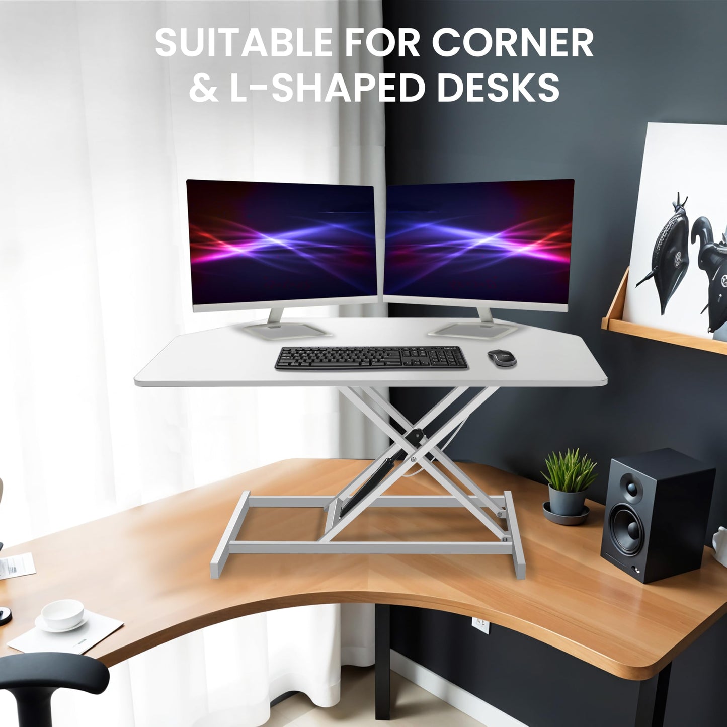 Aconcept 40 inch White Corner Height Adjustable Standing Desk Converter, One-Click Sit to Stand up Desk Riser, Pre-Assembled for Dual Monitor and Laptop Workstation