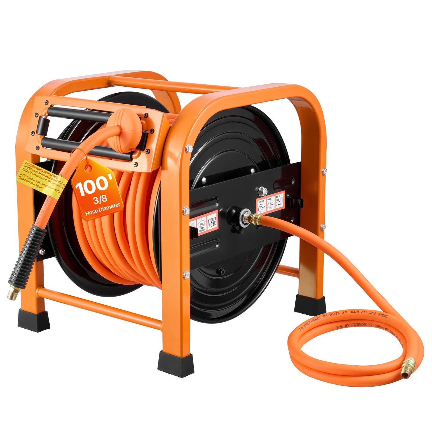 VEVOR Retractable Air Hose Reel, 3/8 Inch x 100 FT Hybrid Air Hose Max 300PSI, Auto Rewind Air-Compressor Hoses Reel with 5ft Lead in, Portable Freestanding Heavy Duty Steel Reel for Garages Workshops