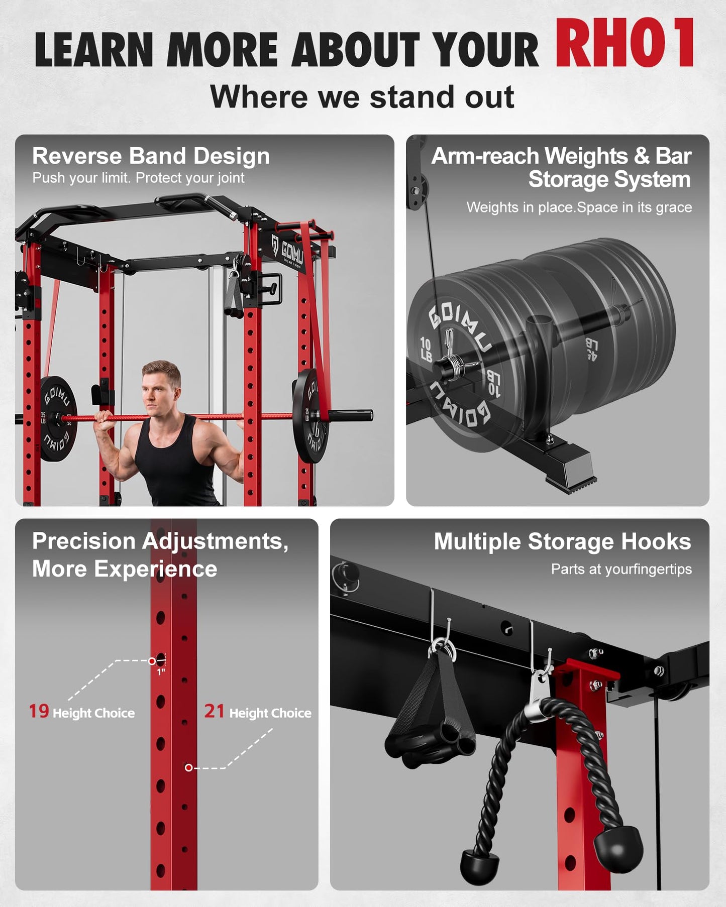 GOIMU RH01 Power Cage Rack, 2000LBS Squat Rack with with Cable Crossover System&LAT Pull Down System, Multi-Function Workout Cage for Home&Garage Gym (Red, RH01 Power Cage)