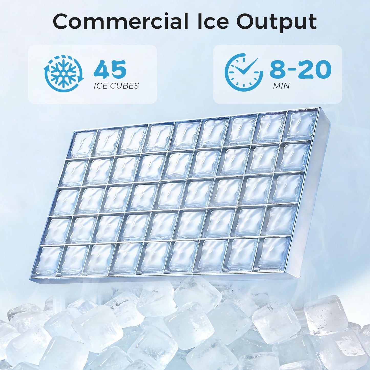 Commercial Ice Maker Machine, 100Lbs/24H Under Counter Ice Machine, 45 Clear Ice Cubes in 10–15 Mins, 33Lbs Storage Bin, Self-Cleaning Stainless Steel Ice Maker for Bar Restaurant Home Kitchen