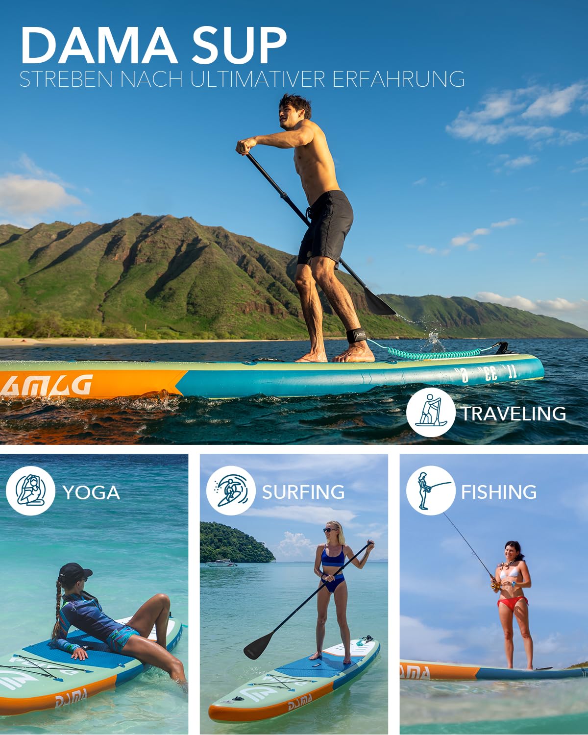 DAMA Inflatable Stand Up Paddle Board 11'x33 x6, Inflatable Yoga Board, Dry Bags, Camera Seat, Floating Paddle, Hand Pump, Board Carrier, Durable & Stable for 3 People