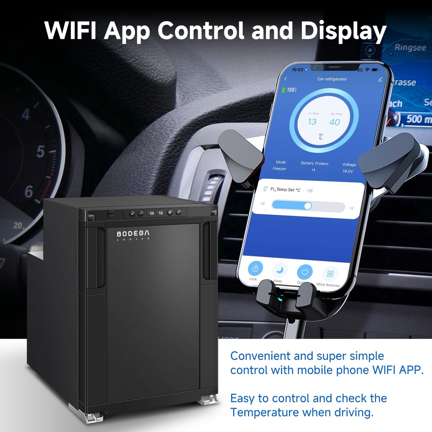BODEGACOOLER Upgraded 12-Volt Refrigerator, 45L(1.6cu.ft) RV Fridge and Freezer with APP Control & Lock, Portable Electric Cooler -4℉ to 46℉, 12/24V DC for Truck, RV, Camping, Travel