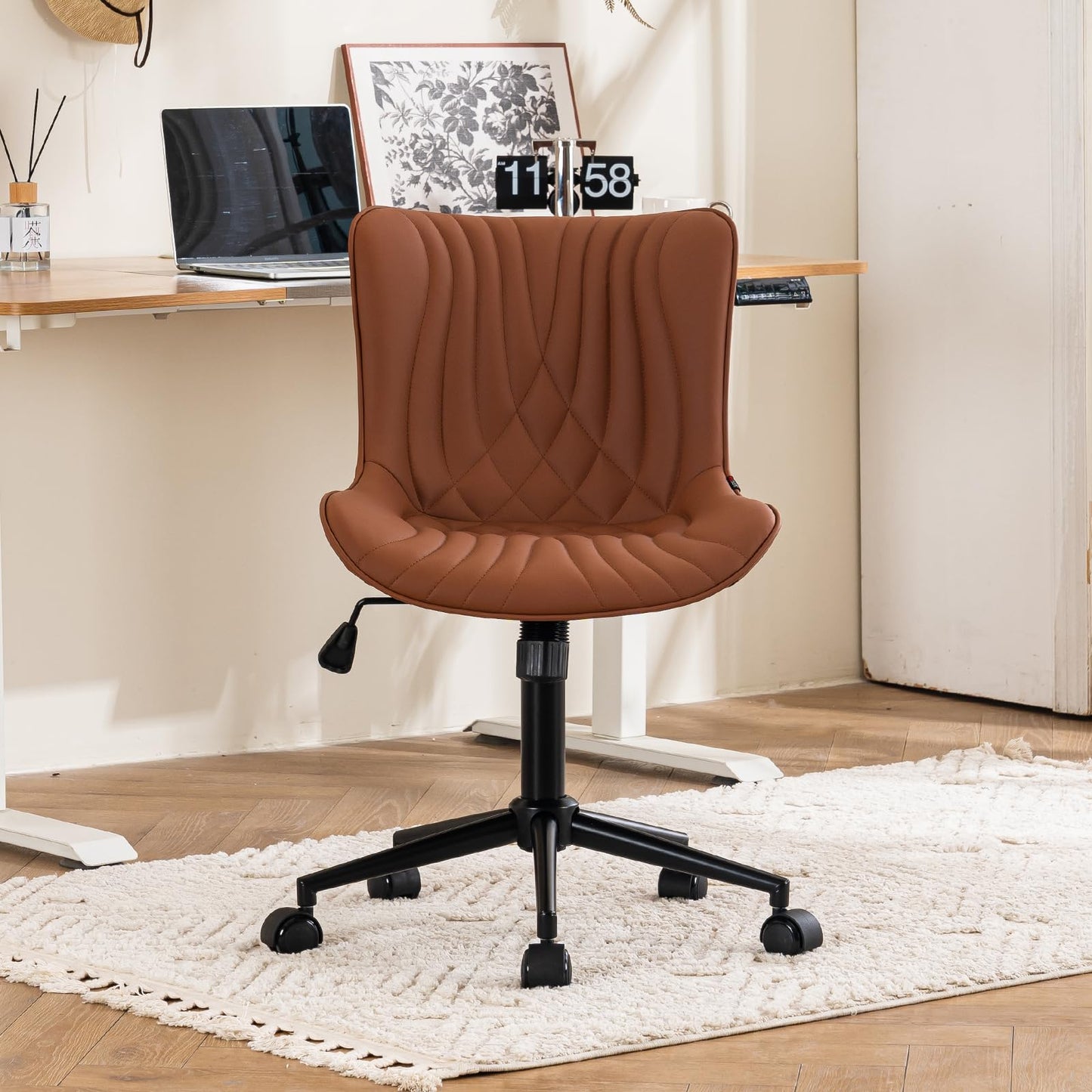 YOUTASTE Coffee Brown Office Chair Modern Armless Desk Chair with Wheels Adjustable Swivel Rocking Rolling Computer Study Chairs Faux Leather Sewing Chairs with Back Stylish Vanity Chair