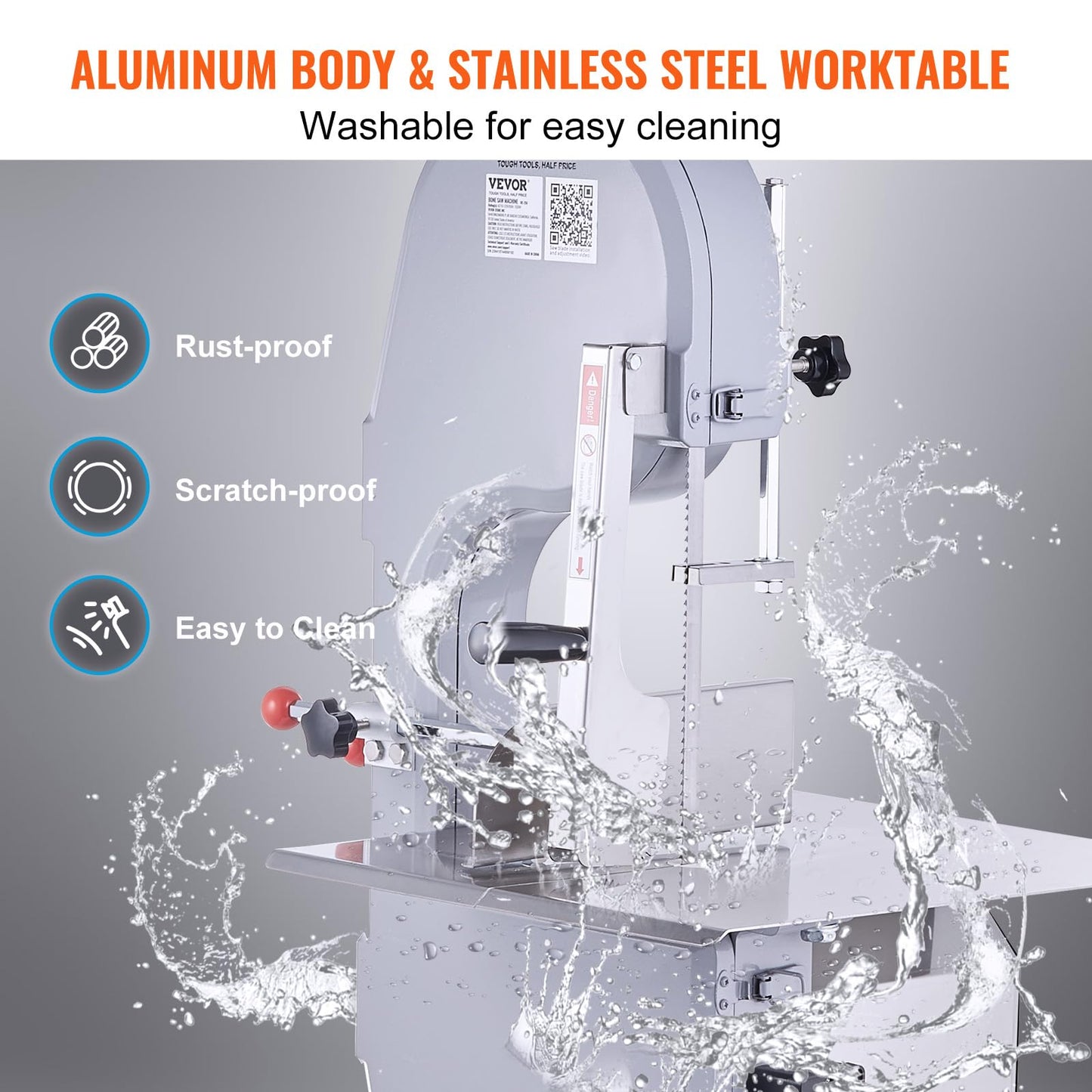 Commercial Electric Meat Bandsaw, 1500W Stainless Steel Countertop Bone Sawing Machine, Workbeach 19.3" x 15", 0.16-7.9 Inch Cutting Thickness, Frozen Meat Cutter with 6 Blades for Rib Pork Beef