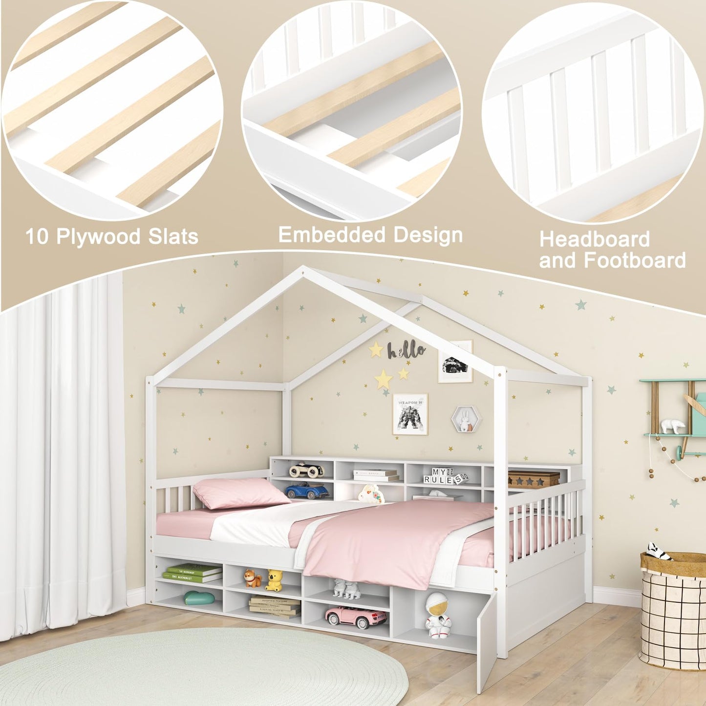 KOMFOTT Twin Size Wood House Bed with Storage Shelves, Wooden Platform Bed Frame with Storage Cabinet, Headboard & Footboard, House Bed with Wood Slats Support, No Box Spring Needed (White)