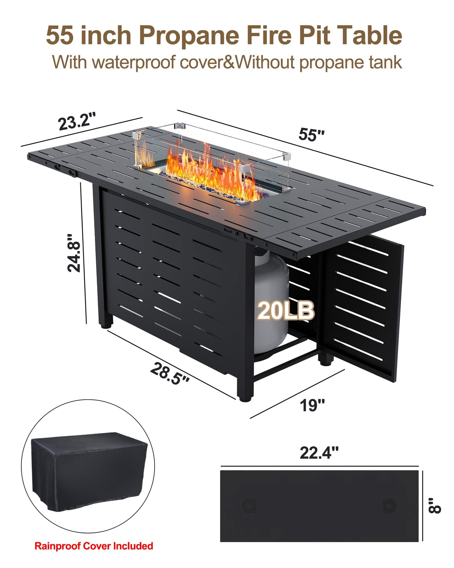 Hipicute 55" Outdoor Propane Fire Pit Table, 48,000 Btu Lp Gas Rectangular Fire Table with Ignition Systems and Lid,Outdoor Firetable with Glass Rocks for Patio Deck Garden Backyard