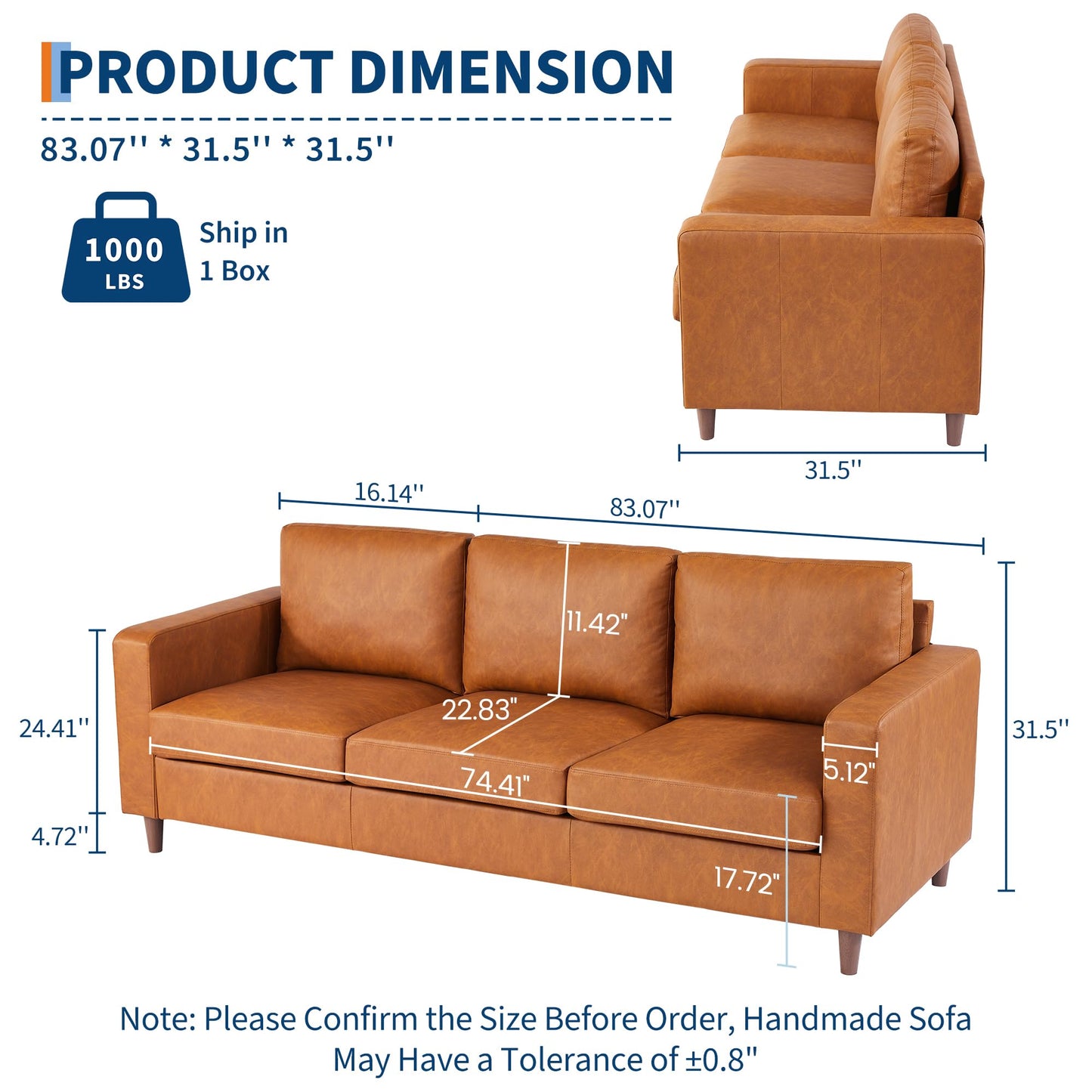 IDEALHOUSE Leather Couch 83 inch, Modern Sofa 3 Seater with Deep Seat & Padded Backrest, Faux Leather Couch with Armrests for Living Room, Bedroom, Office