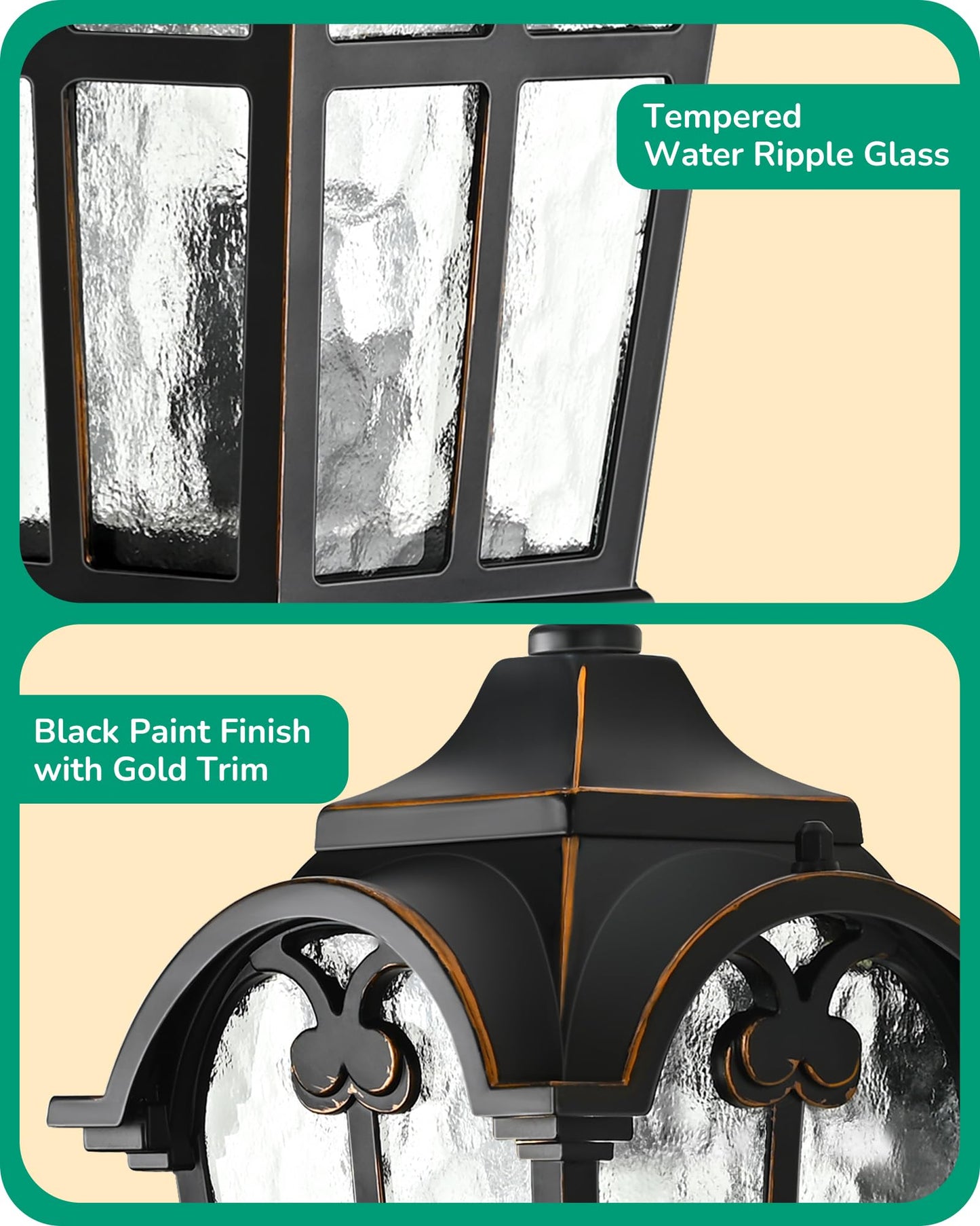 EDISHINE Dusk to Dawn Outdoor Wall Light Fixture, 17in Black Roman Lantern, Waterproof with Water Ripple Glass, Model HOWL06G