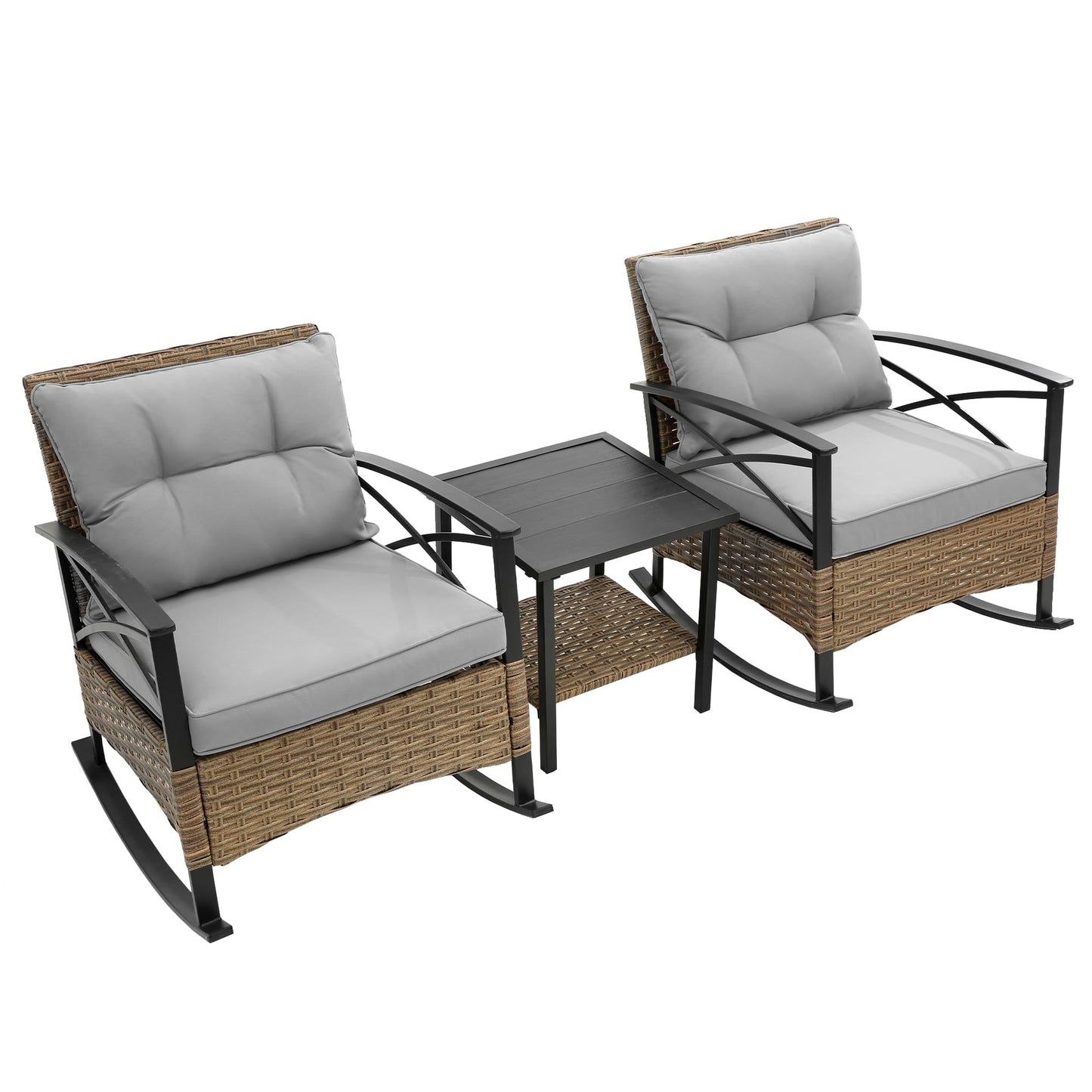 GDFStudio 3-Piece Outdoor Rattan Rocking Chair Set, Patio Wicker Rocker Chairs with Cushions & Side Table, Modern Conversation Set for Porch, Balcony, Garden, Backyard, Grey Cushions