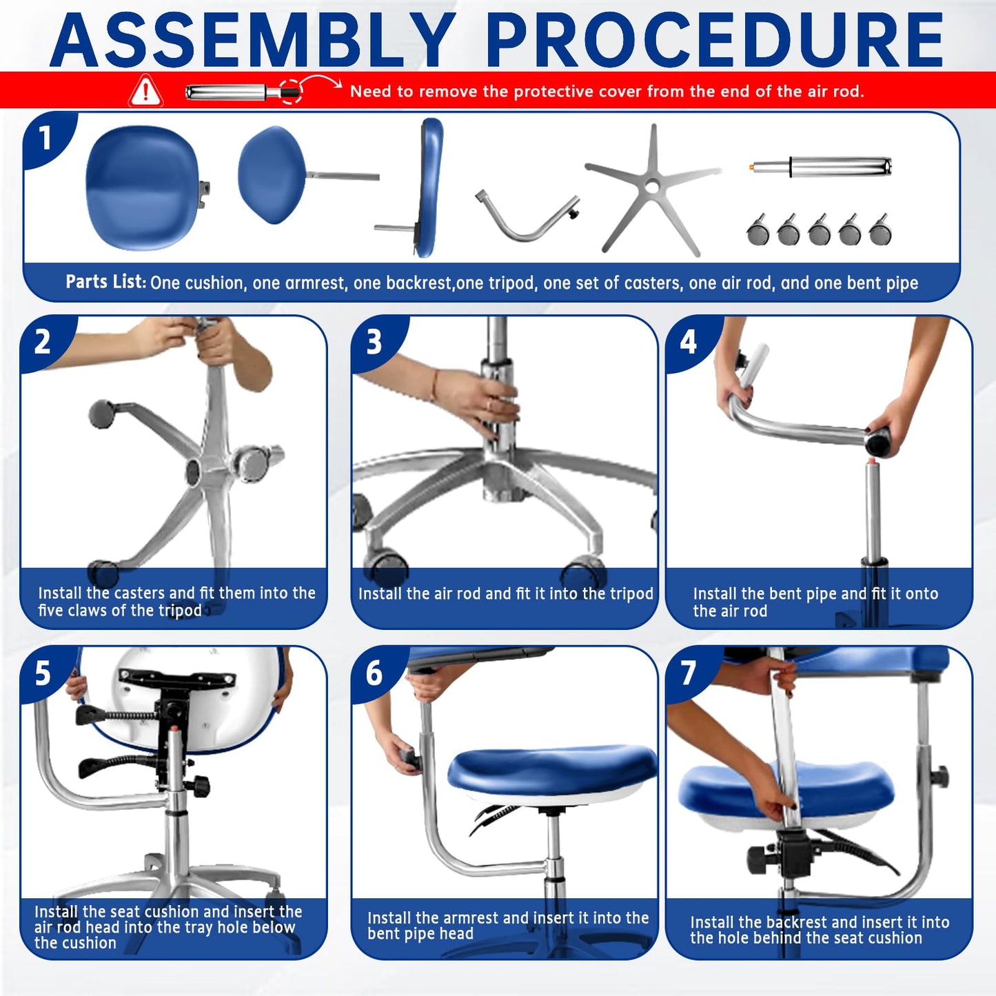 Dental Assistant Chair PU Leather with Swivel Armrests, Rolling Dental Chair, Ergonomic Swivel Dentist's Stool with Backrest for Clinics, Tattoo, Home and Laboratory - Blue