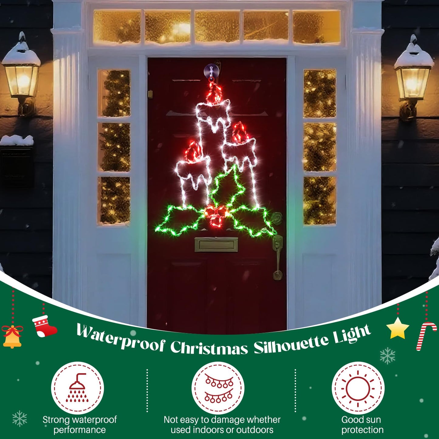 Enhon Christmas Window Silhouette Light, Battery Operated, 8 Modes, Timer, 15.8in, White/Red/Green, Model SO-Enhon-2398