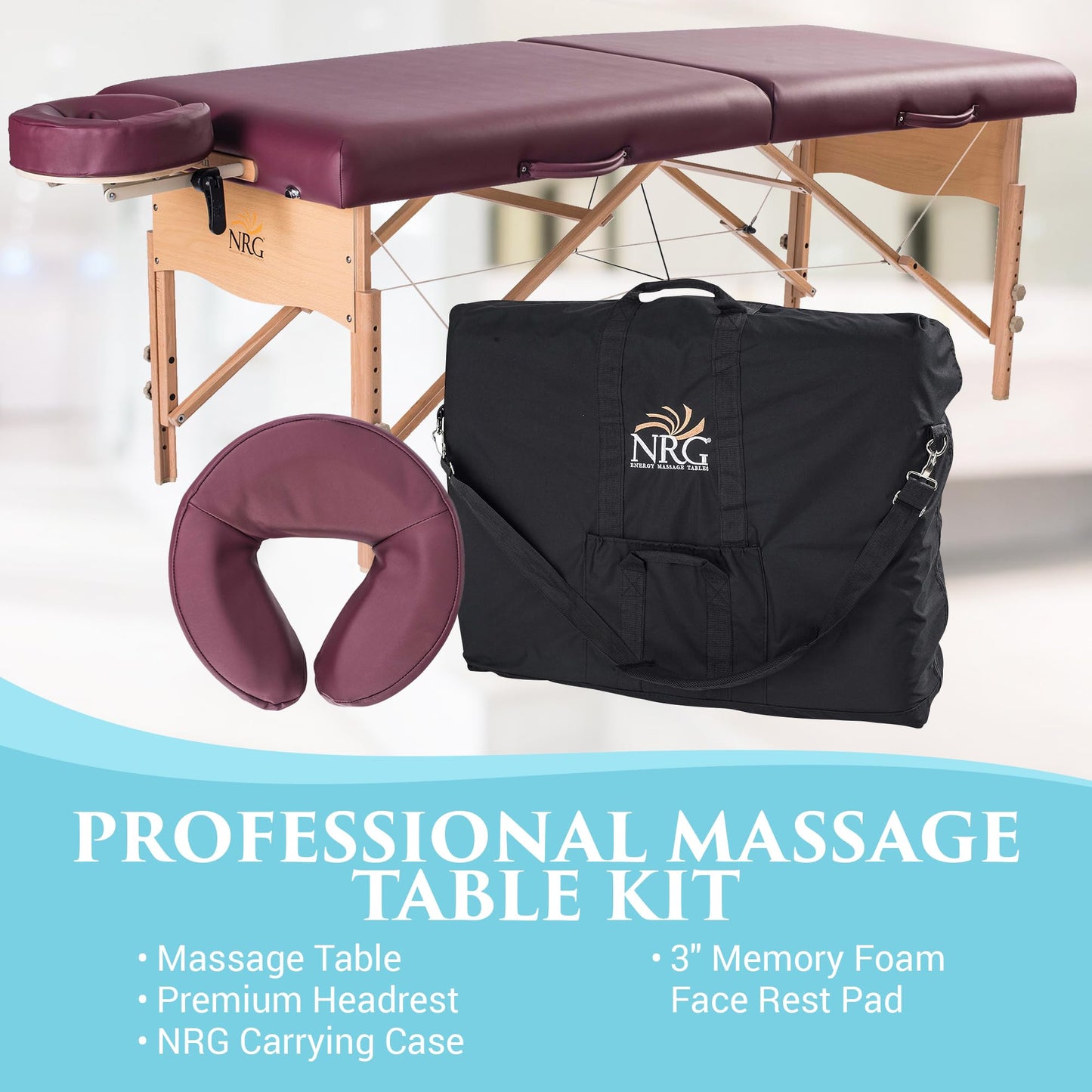 NRG Chi Portable Massage Table Package | Burgundy | Folding Lightweight Massage Bed | Professional Spa Table with Face Cradle, Double Wheel Knobs & Carrying Case