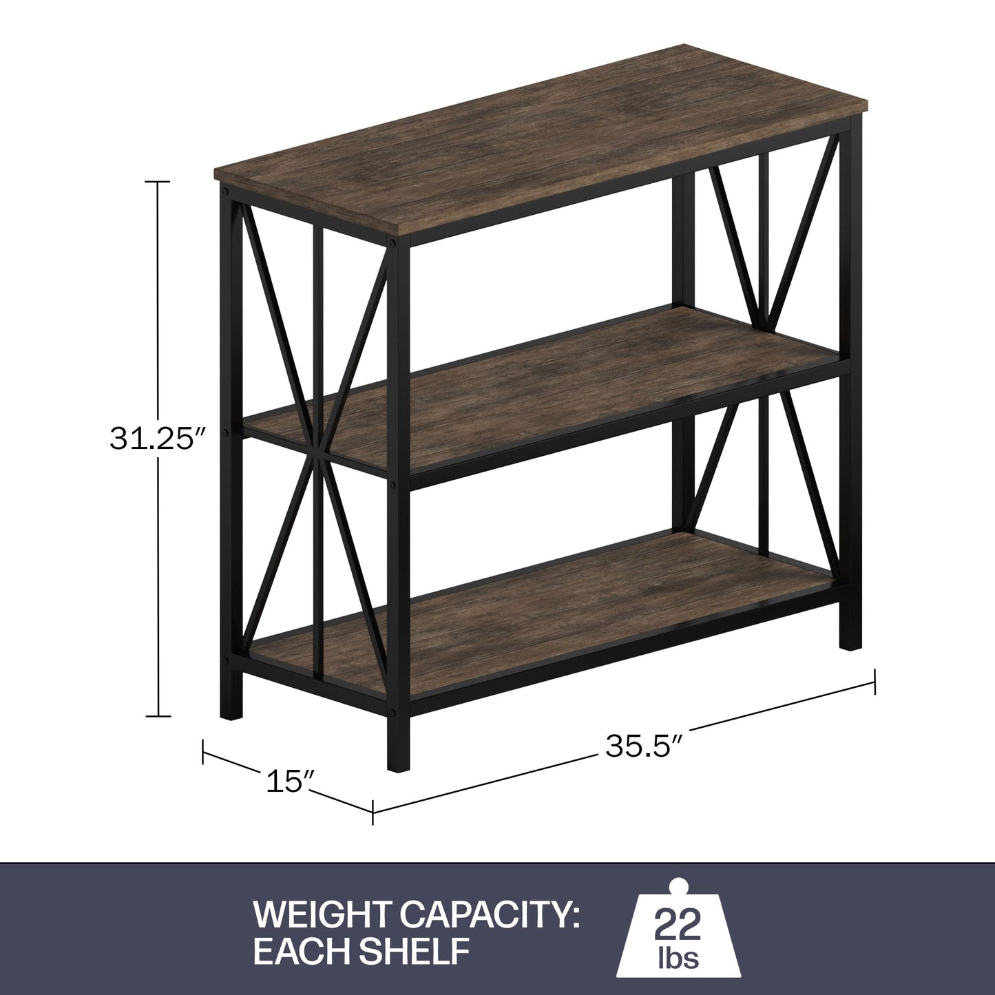 Lavish Home 3-Tier Industrial Bookshelf Set of 2 - Freestanding Open Bookcase for Home or Office Organization and Storage - Book Organizer (Brown Woodgrain)