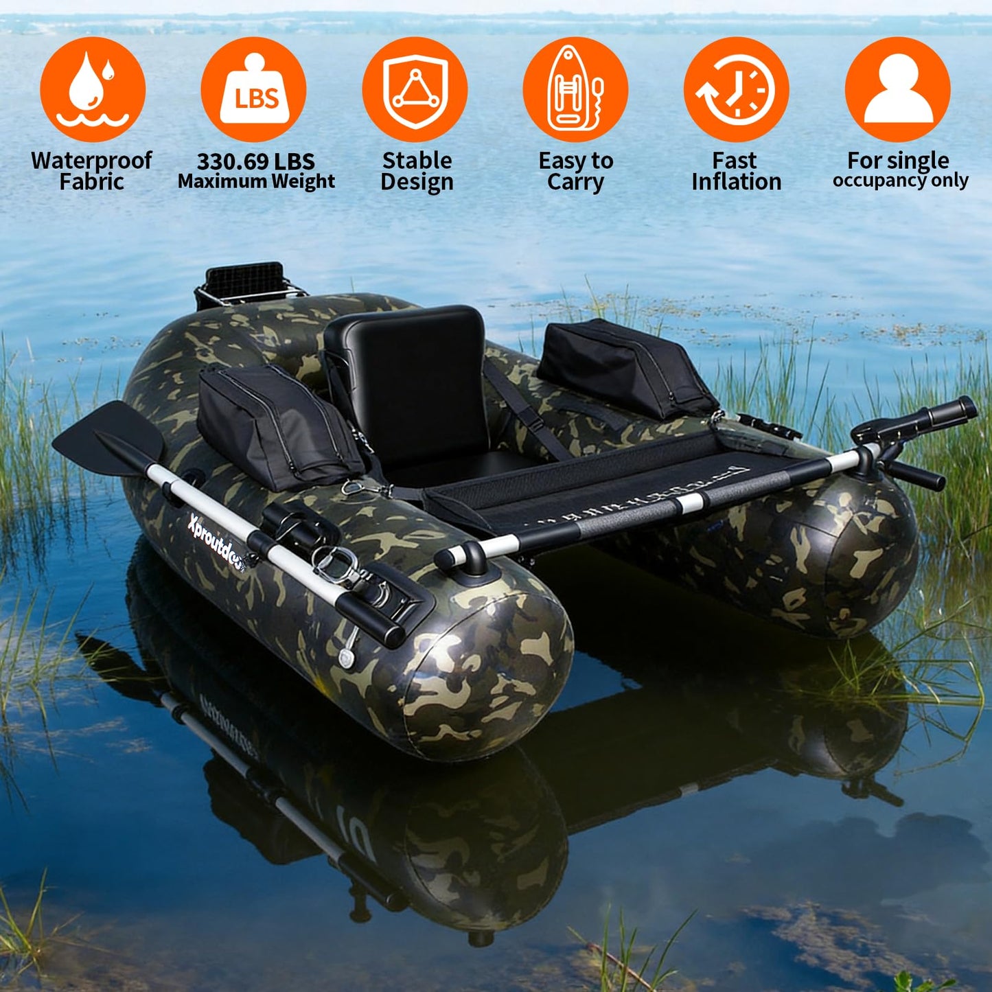 Xproutdoor Fishing Float Tube, Belly Boat Fishing with Pump, Fish Ruler, Adjustable Straps, Storage Pockets, 2 Oars, 2 Rod Holders, Motor Bracket Inflatable Float Tube for 330 LBS Load Capacity
