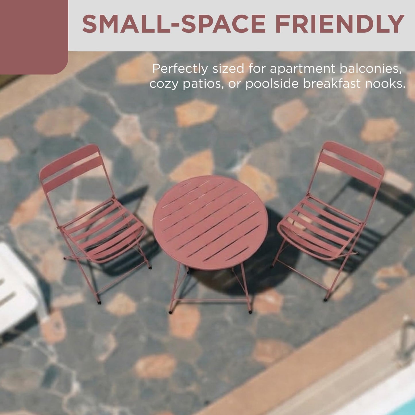 Alpine Corporation VTFAM168A-RD 3-Piece Red Metal Folding Bistro Set – 20" Round Patio Table with 2 Folding Chairs – Portable Indoor/Outdoor Balcony & Garden Furniture Set