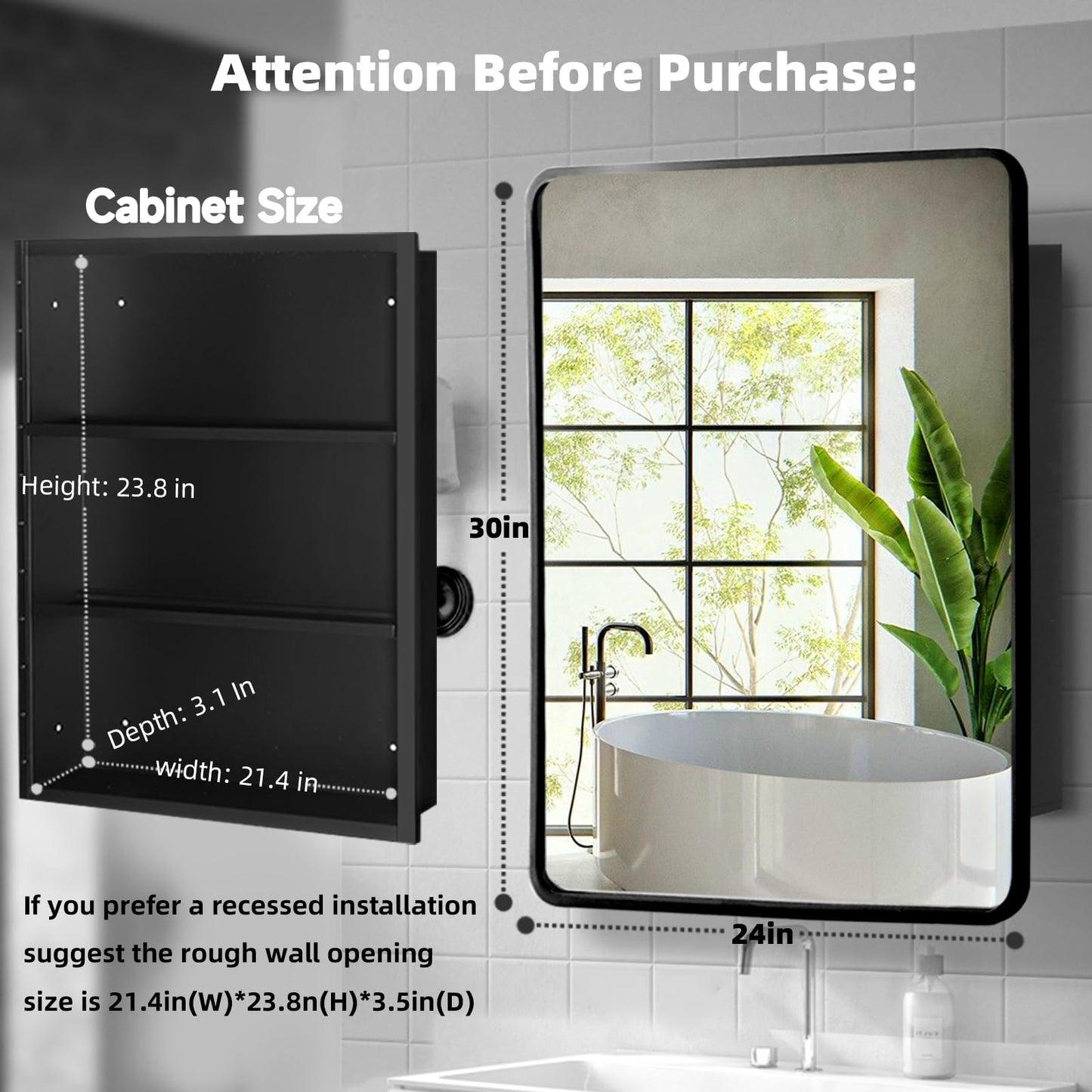Movo 24 Inch x 30 Inch Black Metal Framed Bathroom Mirror Medicine Cabinet Rectangle Tilting Beveled Vanity Mirrors Recess or Surface Mount Installation