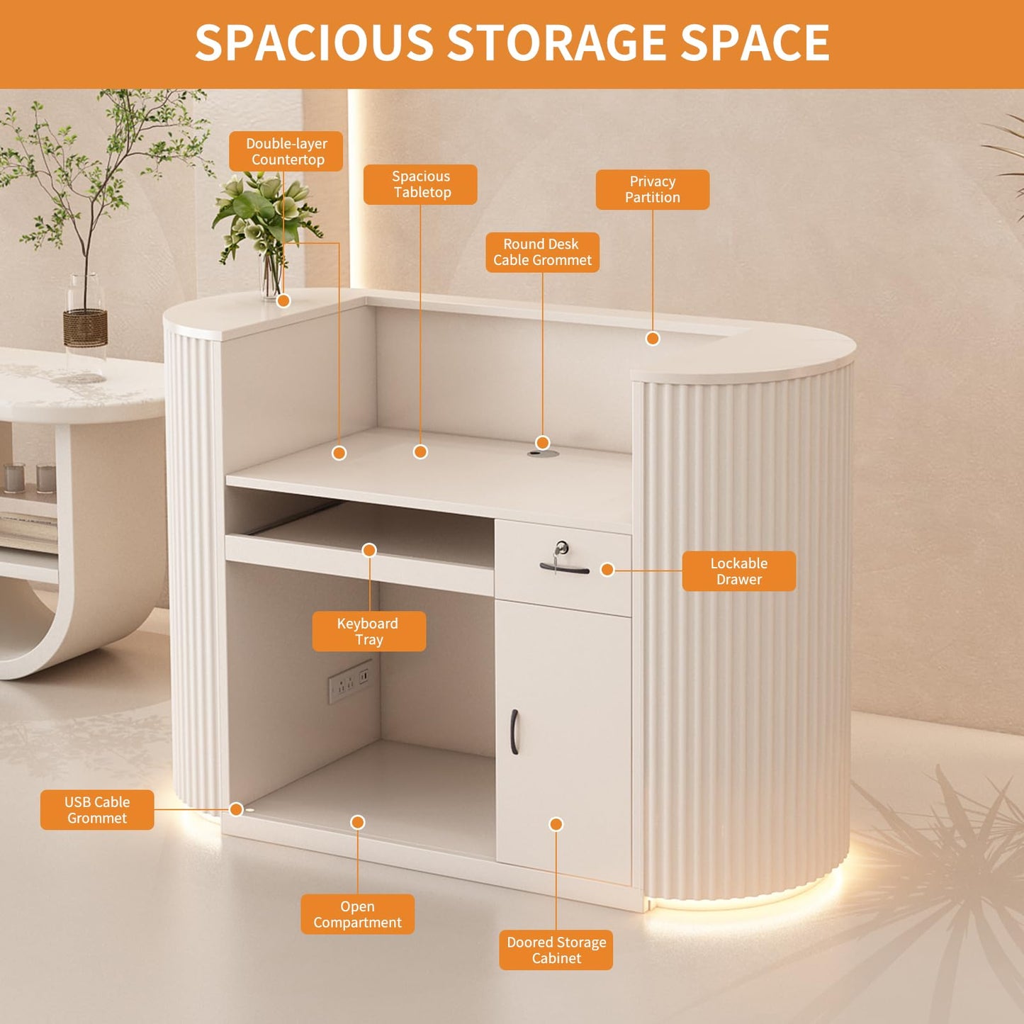 Modern Reception Desk with Counter - Curved Front Checkout Page with Led Lighting, Lockable Drawers, Hidden Cable Management and Wood Construction, Salon Reception Desk for Beauty Salons