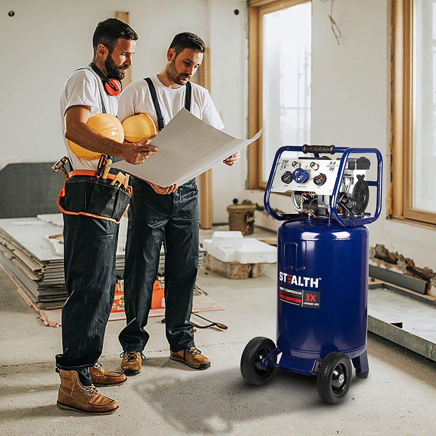 STEALTH 20 Gallon Air Compressor, Ultra Quiet, Oil-Free and Long Life Cycle,1.8 Hp Large Air Compressor with Rubber Wheels (Blue, SAQ-12018)