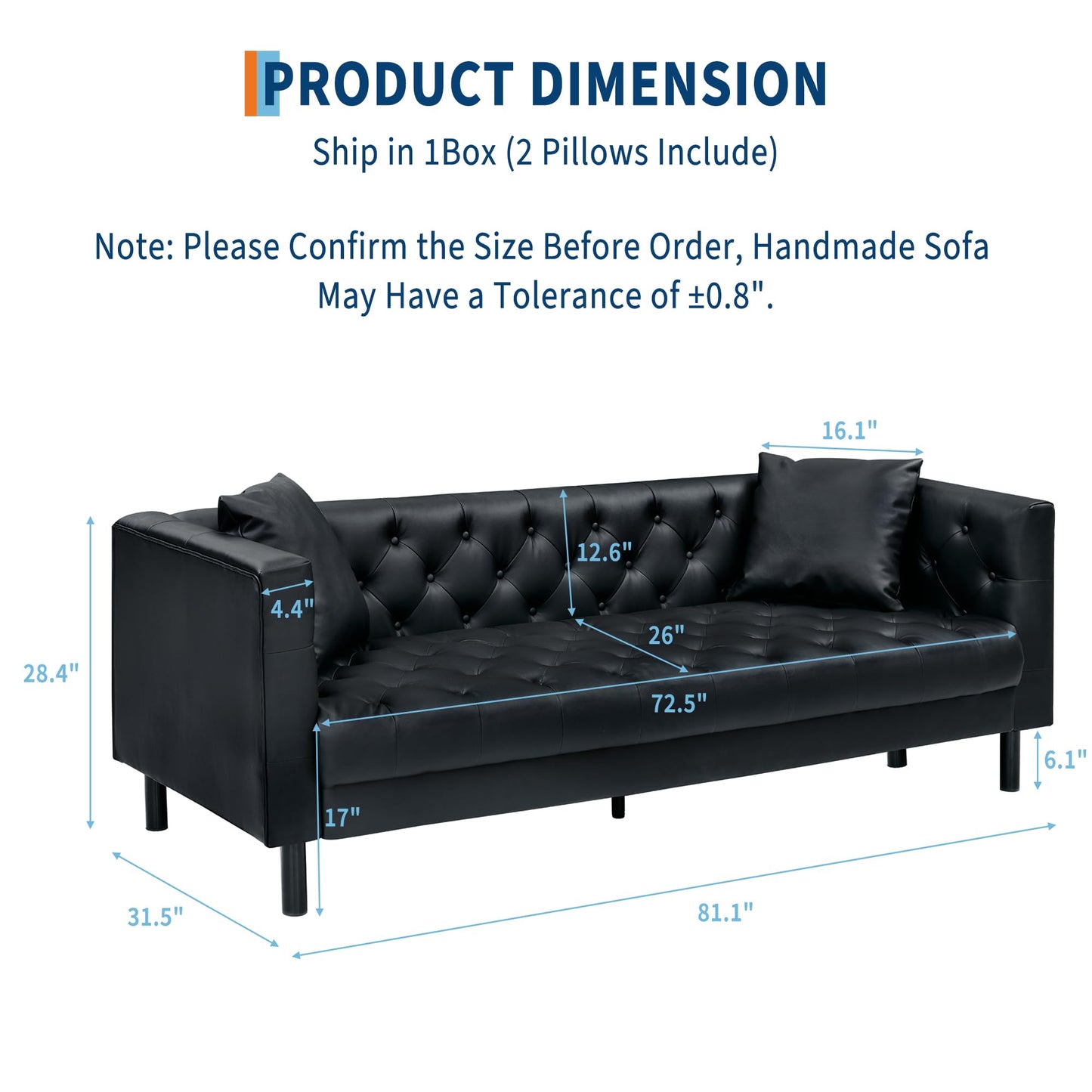 Garvee 81 Inch Leather Couch for Living Room, Modern Leather Sofa with Deep Seat, Handmade Button Tufted Sofa, Chesterfield 3 Seat Couch for Apartment, Office, Black