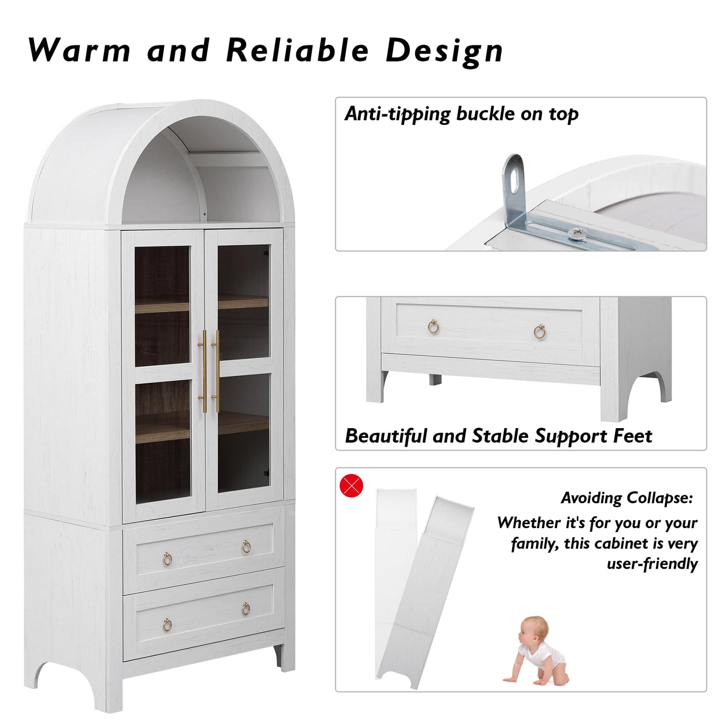 Merax 71" Tall Arched Farmhouse Pantry Cabinet with Glass Doors & 2 Large Drawers - Adjustable Shelves, Modern Kitchen Storage Cupboard for Dining Room, Living Room (30" W x 15.75" D), White