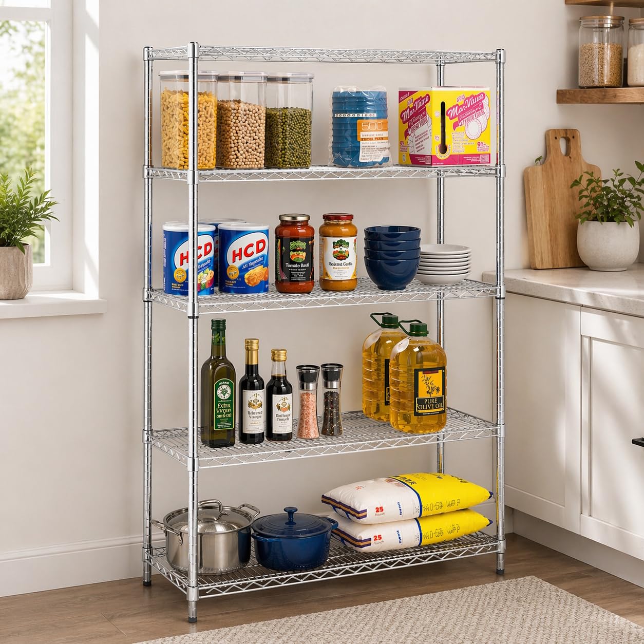 Honey-Can-Do 5-Tier Heavy-Duty Adjustable Shelves, Metal Storage Rack with 800-lb Shelf Capacity, Chrome, 18" W x 42" L x 72" H