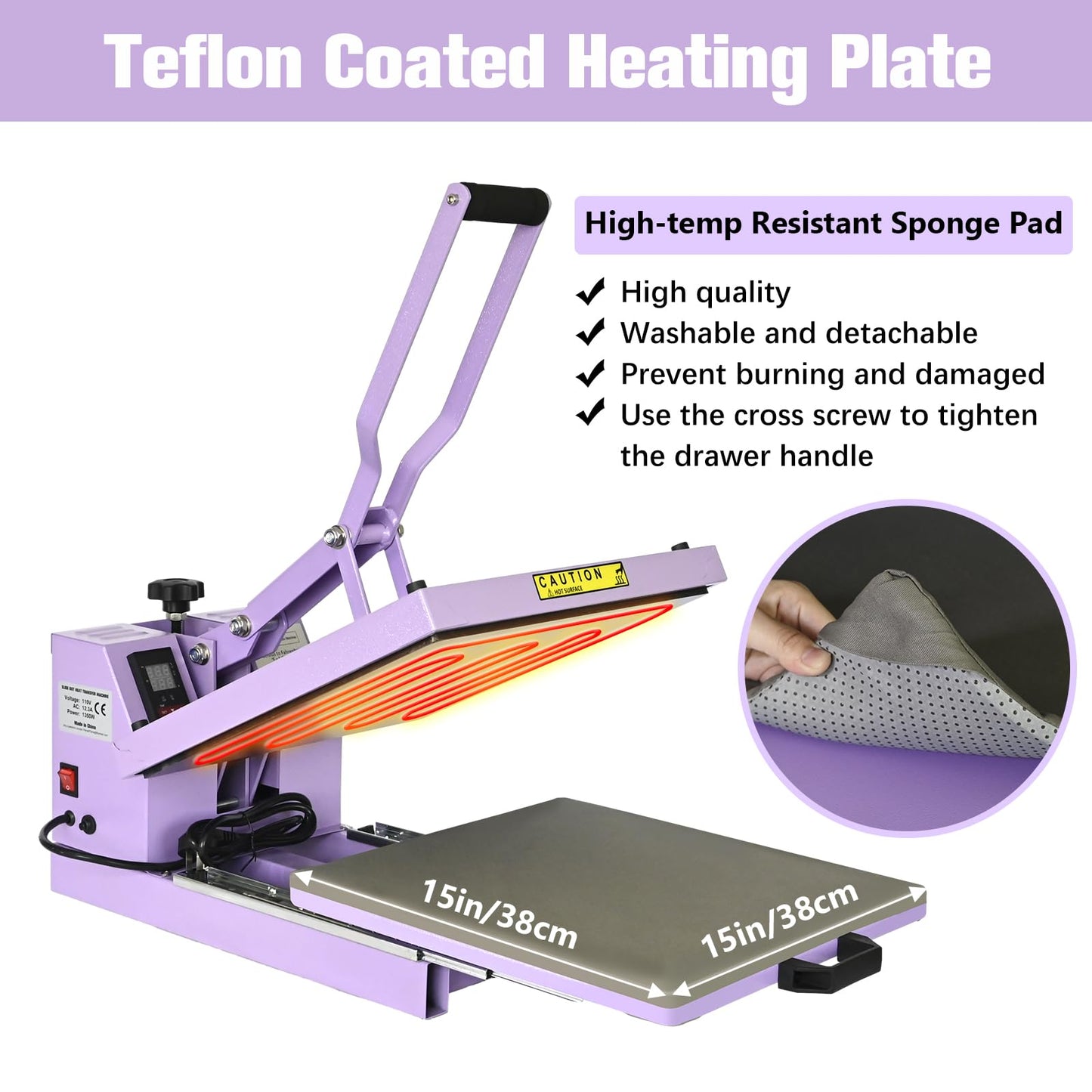 PlanetFlame 15x15 Sublimation Heat Press for T-Shirts, Purple
