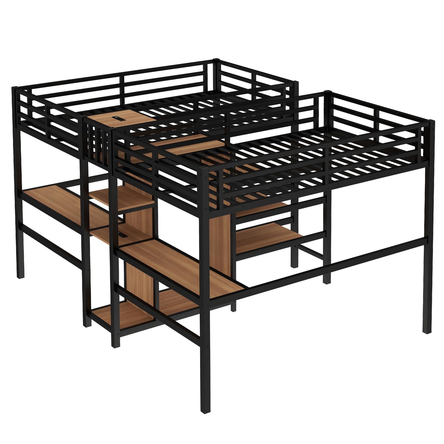 Bellemave Twin Over Twin Metal Loft Bed with Desk and Wardrobe for 2 Kids,Twin Size Heavy Duty Double Loft Bed Frame with Charging Station and Shelves for Boys,Girls,Adults,Woodgrain