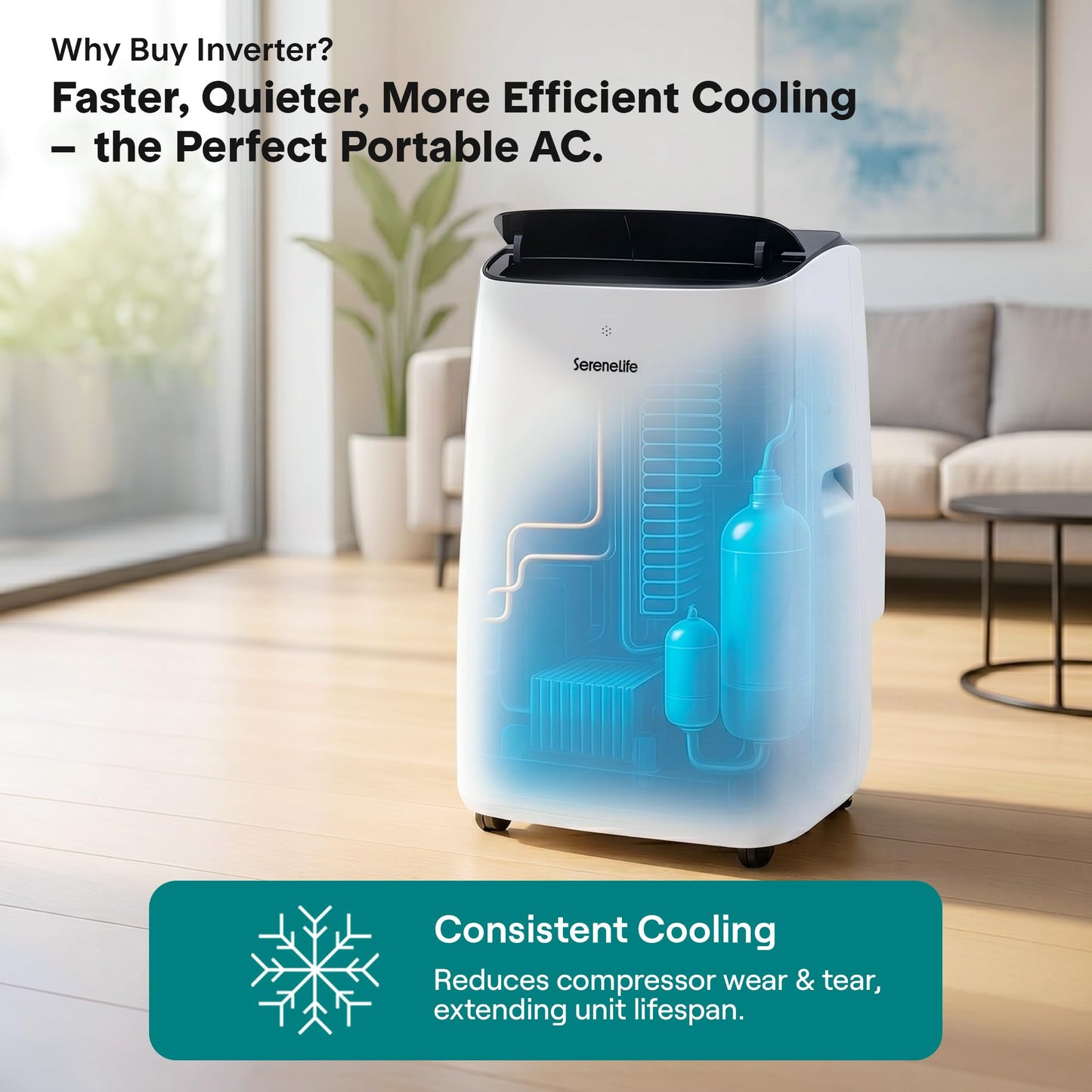 SereneLife 16000 BTU Inverter Portable Air Conditioner & Heater with Wi-Fi | Portable AC Unit with Dehumidifier, Fan Modes, Dual Hose System | Compact Standing Air Conditioner with Window Kit (White)