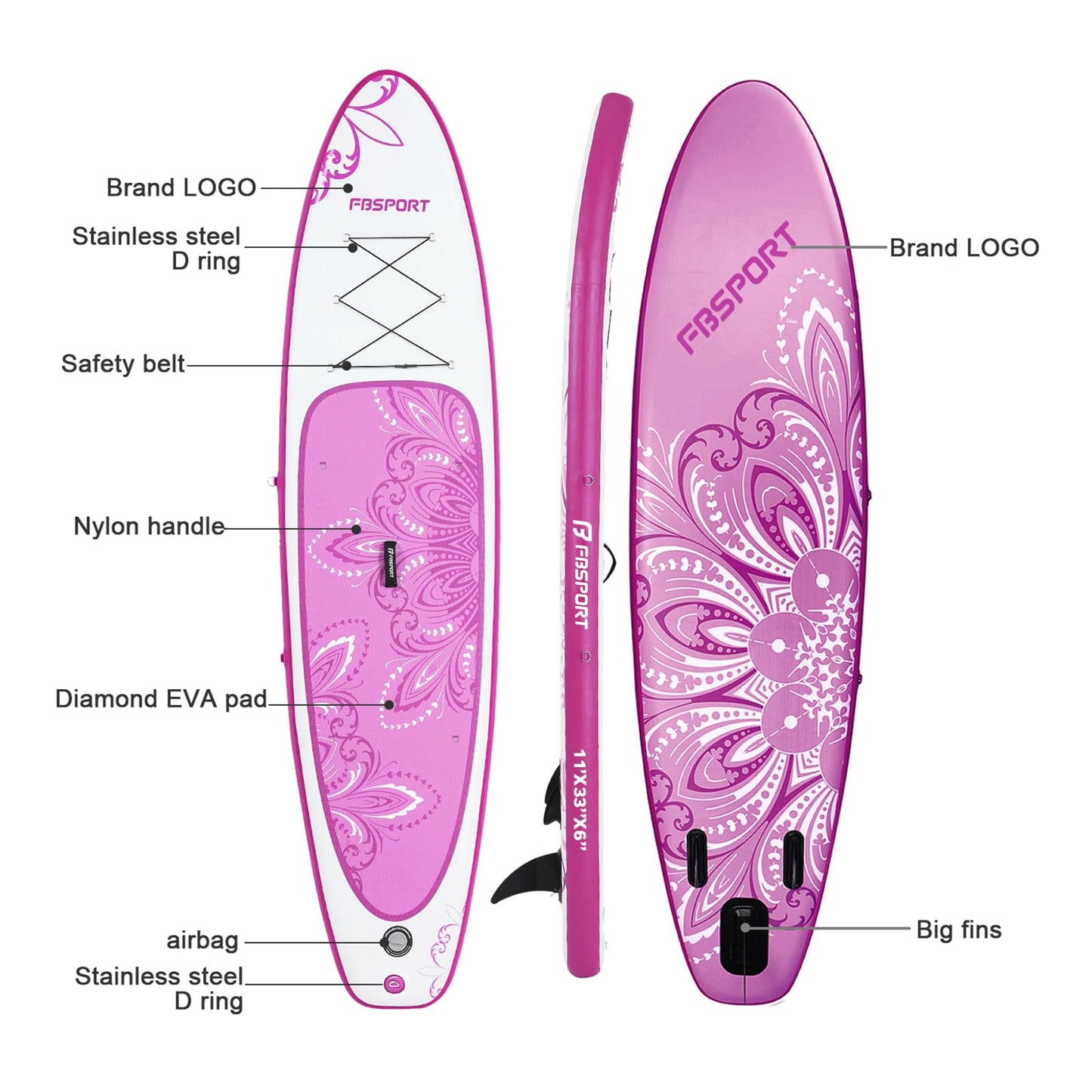 FBSPORT 11' Premium Stand Up Paddle Board, Yoga Board with SUP Accessories & Carry Bag | Wide Stance, Surf Control, Non-Slip Deck, Leash, Paddle and Pump for Youth & Adult (PurpleWhite)
