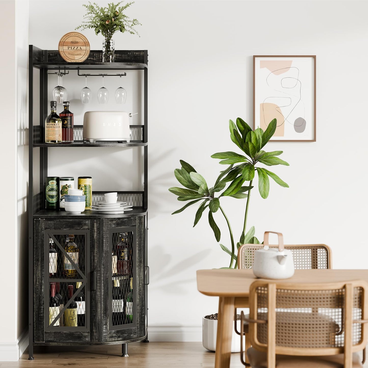 JoanKaren Corner Bar Cabinet with Power Outlet and LED Light, Coffee Bar Cabinet for Home Bar, Industrial Corner Shelf with Wine Storage, 5-Tiers Liquor Cabinet for Home, Living Room, Kitchen (Black)