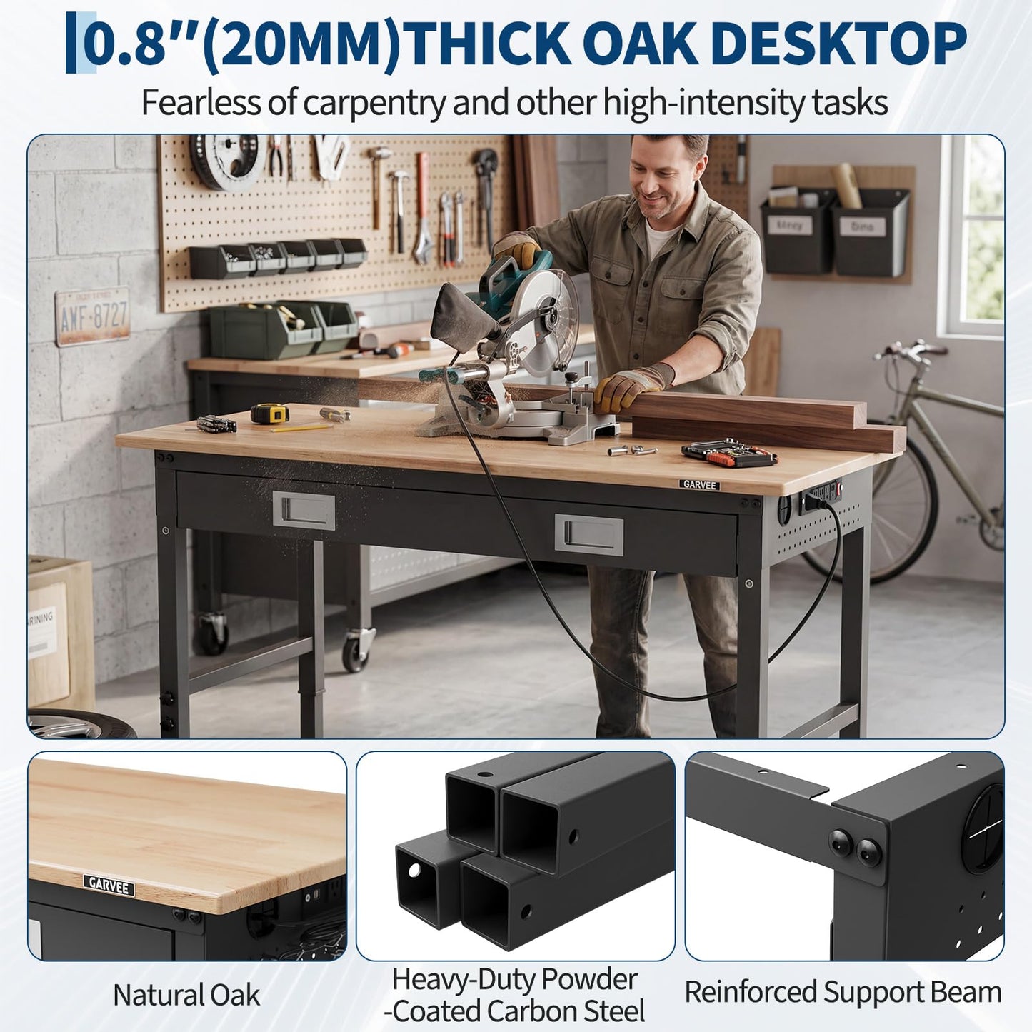 Garvee 48x24 Inch Workbench with Drawer, 6-Level Adjustable Height, 2000 lb Load Capacity, Solid Rubberwood Top, ETL Power Outlets, Swivel Casters, Pegboard & Hooks for Garage