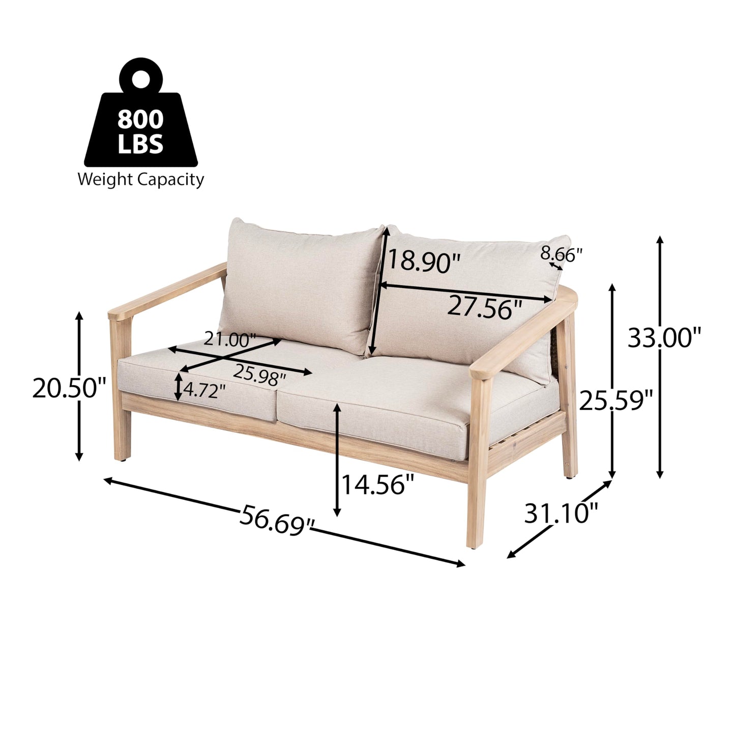 GDFStudio Mayeo 4-Piece Acacia Wood Patio Furniture Set, Outdoor Conversation Sofa Set with Club Chair and Coffee Table, Patio Sectional Chat Set for Backyard Balcony, Light White+Beige