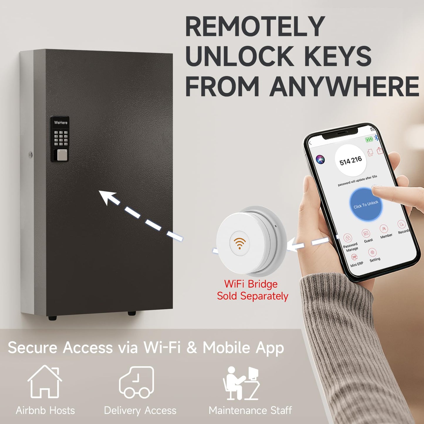 WeHere 360-Key Smart Key Lock Box, Wall-Mount Key Cabinet with Key Management App(Track Key Borrow/Return), Keypad, Bluetooth & WiFi Unlock (Sold Separately) for Commercial, School, Rental, Office