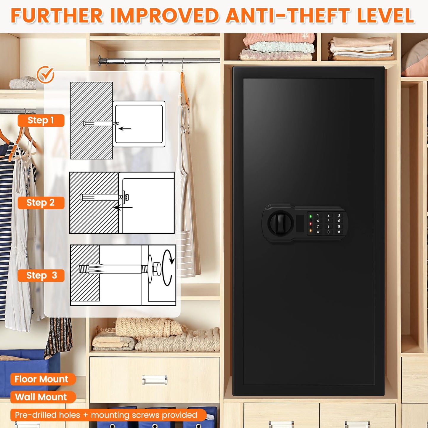 31.5"H Large Safe Box for Home & Office, 8.0 Cu Ft Heavy Duty Carbon Steel Home Safe with Electronic Combination Lock, Fire Resistant Waterproof Document Bag, Wall & Floor Mount for Valuables
