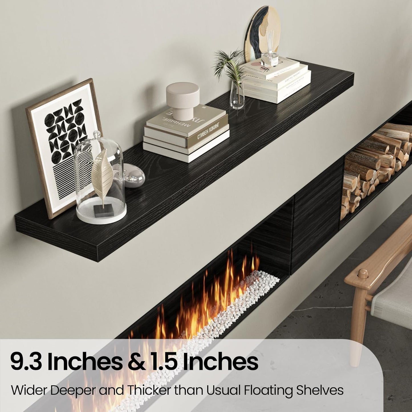 Floating Shelves for Wall, 72"W x 9.3"D x 1.5"H, Long Wooden Wall Mounted Display Shelves with Invisible Brackets for Living Room, Bedroom, Bathroom, Kitchen Decor and Storage, Set of 2, Black