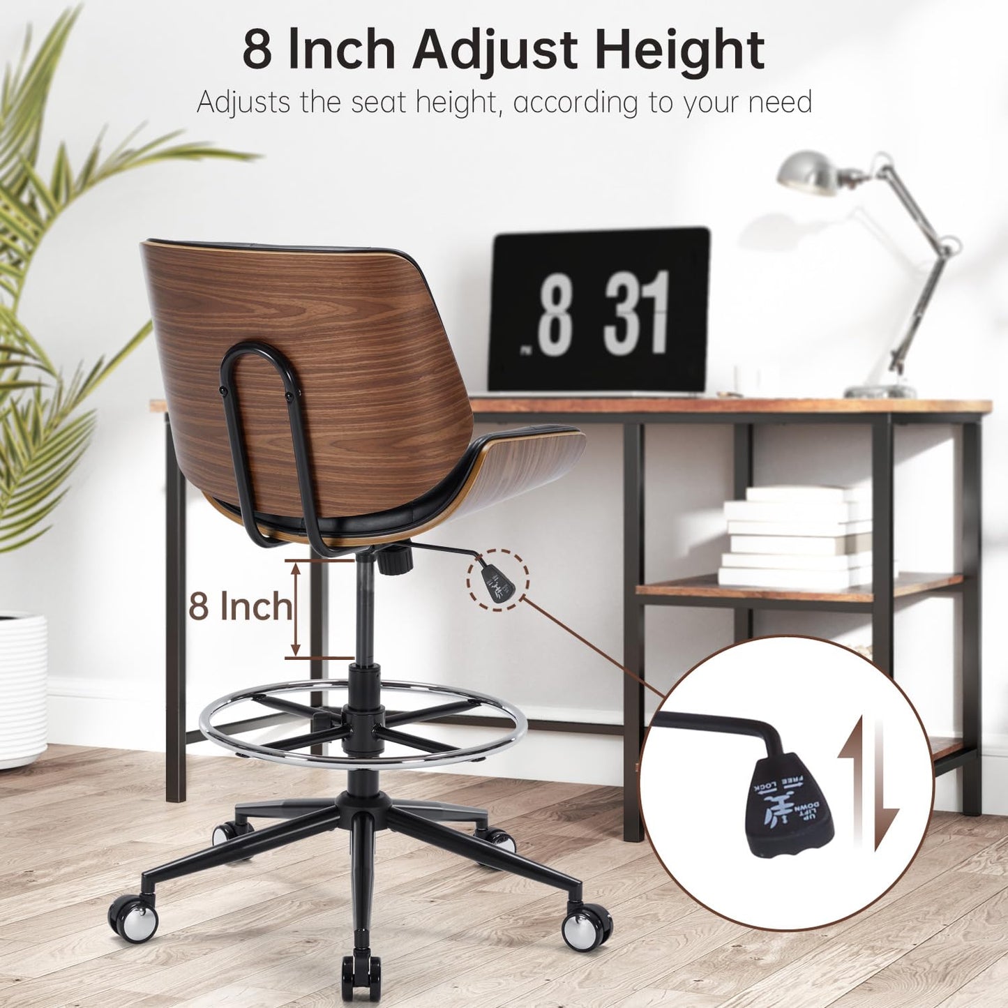 Drafting Office Chair Ergonomic Executive Computer Standing Desk Chair with Adjustable Height and Footrest Ring, Drafting Chair for Counter Height Desk and Drawing (Black)