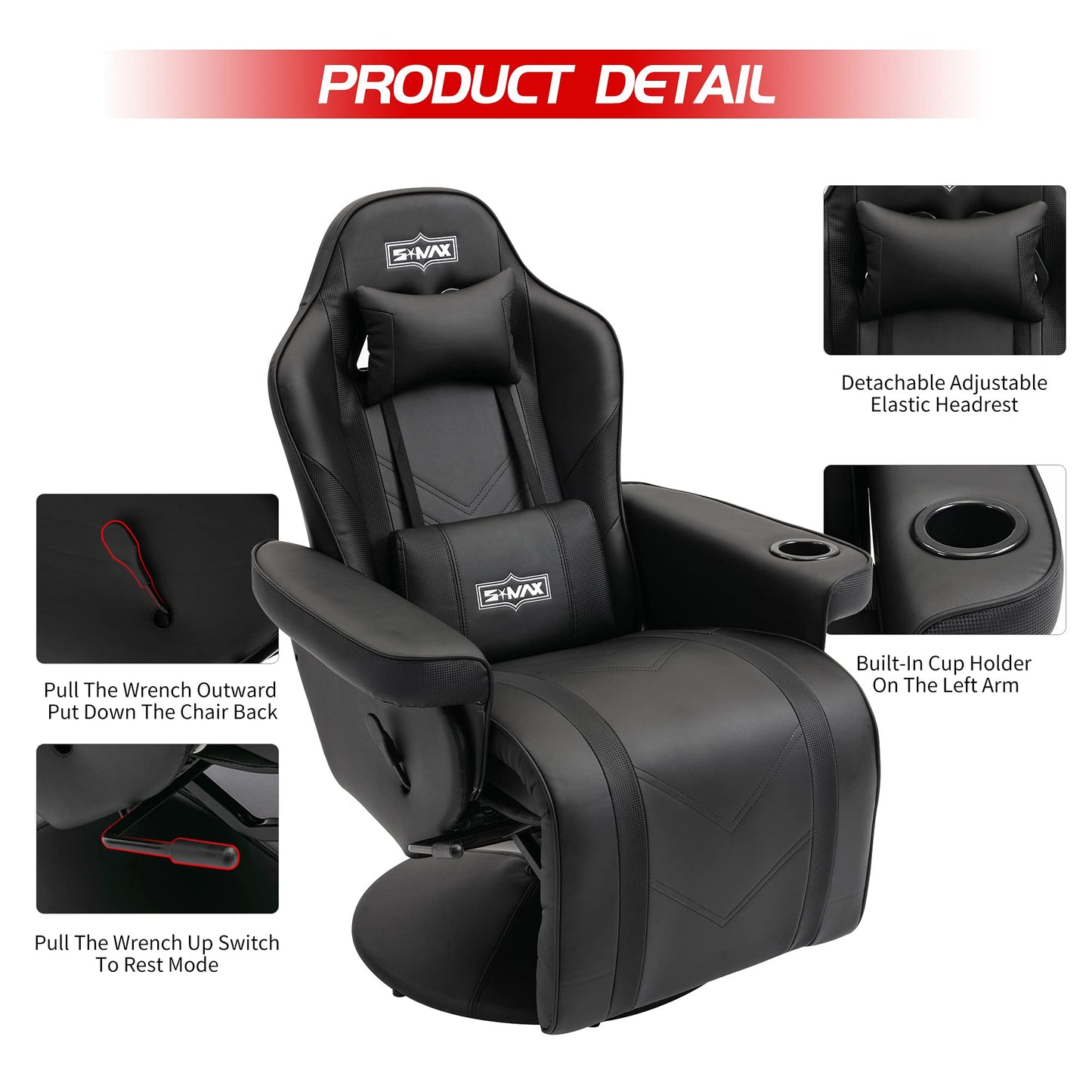 S*MAX Gaming Recliner Chair for Adults Racing Style Ergonomic High Back Swivel PU Leather Gaming Chair with Adjustable Backrest and Footrest Cup Holder Side Pouch Black