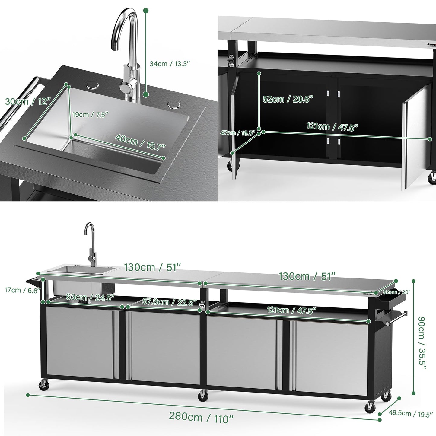 Stanbroil Rolling Outdoor Kitchen Island with Stainless Steel Table Top & Storage Cabinets, Sink&Faucet Included, Extra Large